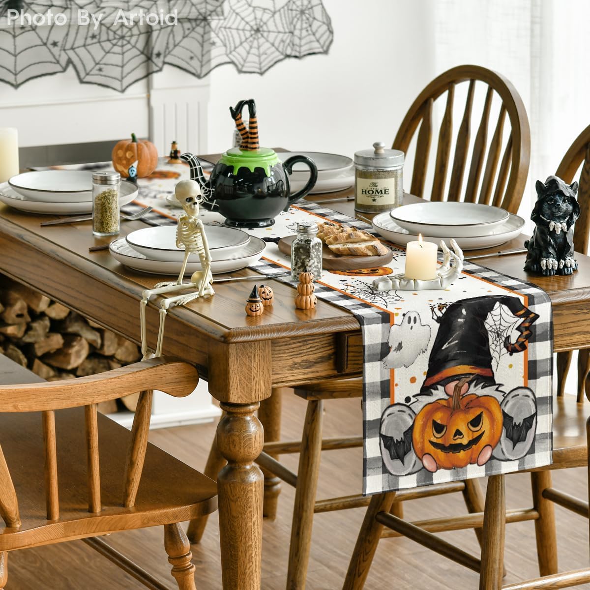 Artoid Mode Buffalo Plaid Gnome Bat Pumpkin Ghost Halloween Table Runner, Sensonal Kitchen Dining Table Decor for Home Party 13 x 120 Inch