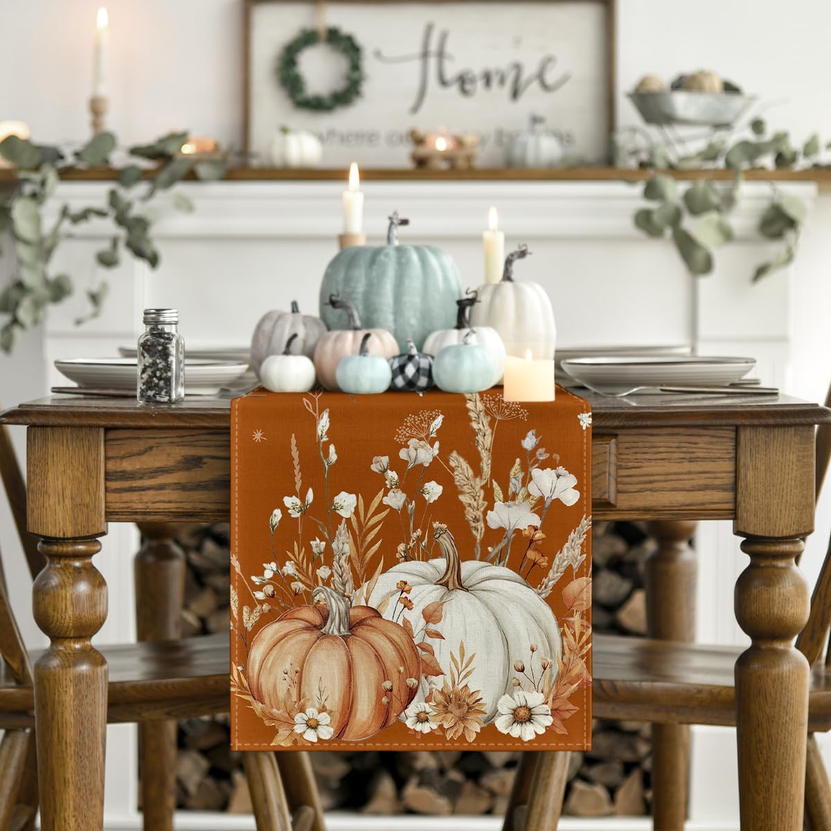 Artoid Mode Orange Pumpkins Leaves Flowers 210 GSM Fall Table Runner, Seasonal Autumn Kitchen Dining Table Decoration for Home Party Decor 13x90 Inch