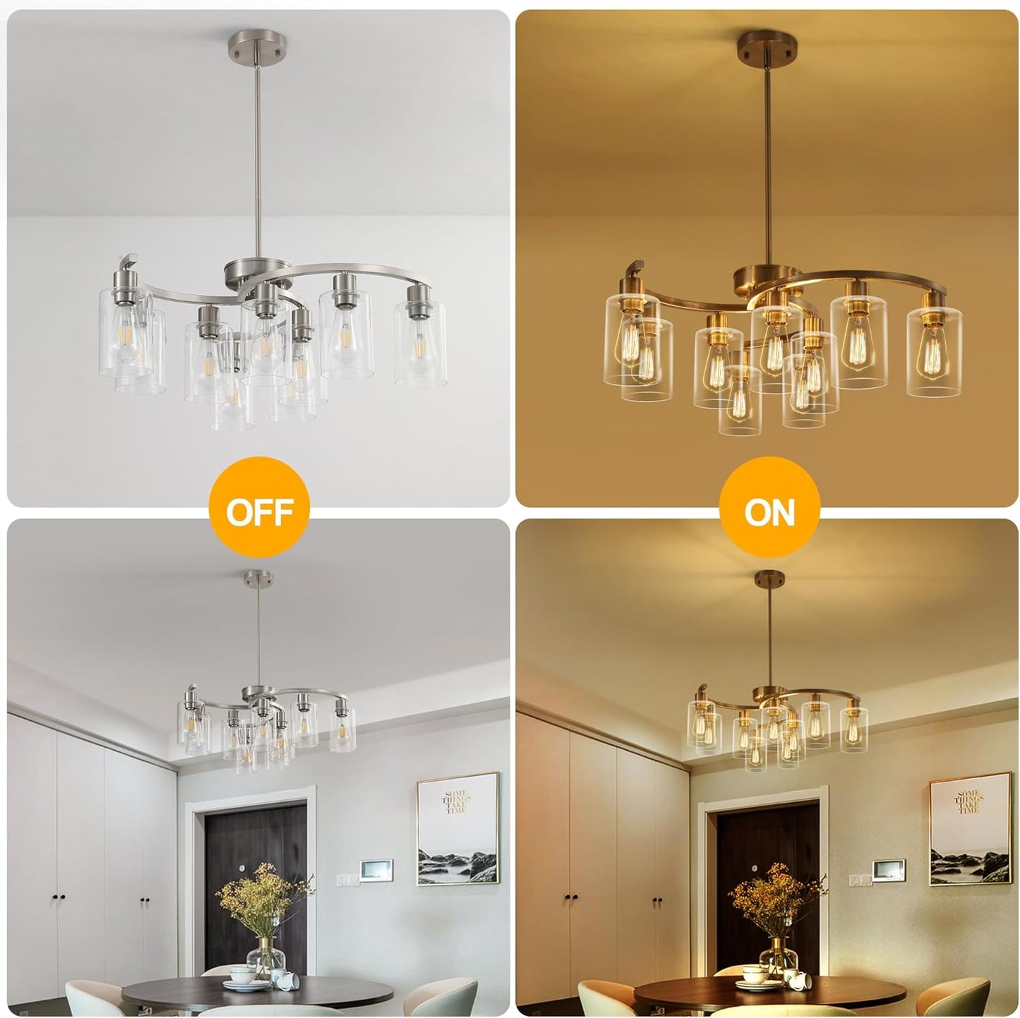 9-Light Brushed Nickel Glass Chandelier, Adjustable Height Hanging Industrial Dining Room Chandelier Over Table, Modern Farmhouse Chandelier for Kitchen Island Living Room Entryway Bedroom