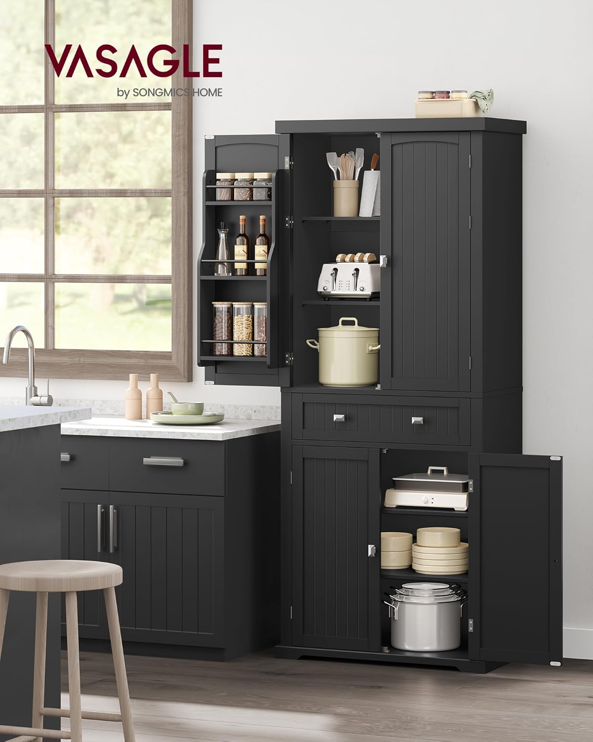 VASAGLE Pantry Cabinet, 71.7-Inch High Freestanding Tall Cupboard Storage Cabinet with a Drawer, 2 Cabinets, 4 Adjustable Shelves, 6 Door Shelves, for Living Room, Kitchen, Ink Black UBBC561B12