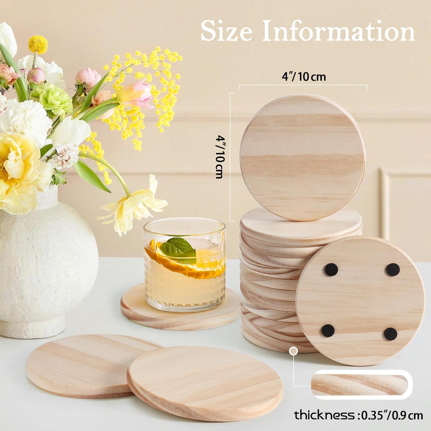 48 Pieces Unfinished Wood Coasters, GOH DODD 4 Inch Wooden Blanks with Non-Slip Pads for Laser Engraving Wood Burning Staining Painting Decoupage Housewarming Gifts Wedding Crafts Education, Round