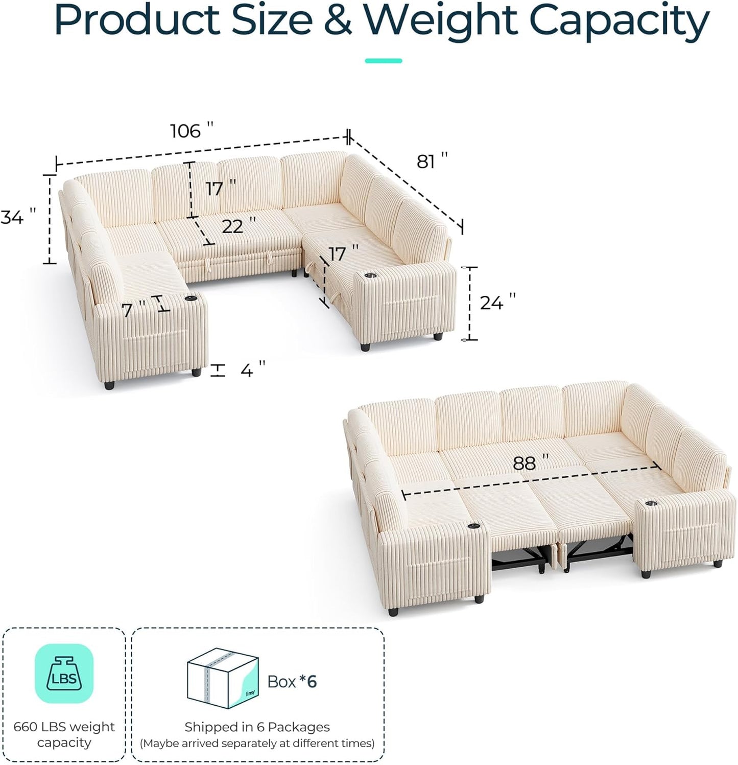 LINSY HOME Sectional Sleeper Sofa with Pull Out Couch Bed - Convertible Plush Corduroy Cloud Couch with Storage Chaise & USB Charging, Comfy Modular Couches for Living Room, Beige