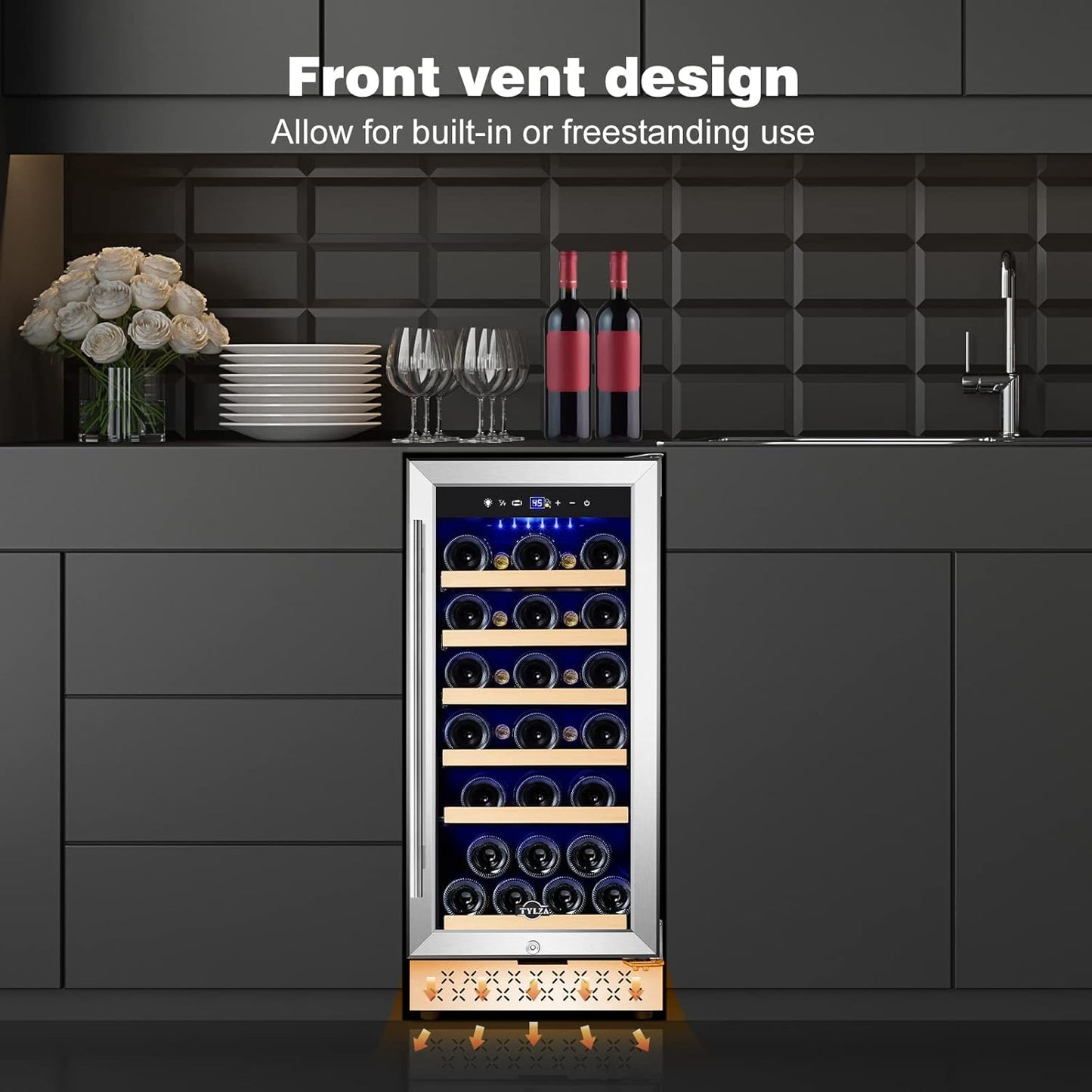 Tylza 15 Inch Wine Cooler Under Counter, 33 Bottle Built-in Wine Fridge with Stainless Steel Tempered Glass Door, Temp Memory Function, Freestanding Fast Cooling Wine refrigerator, Quiet Operation