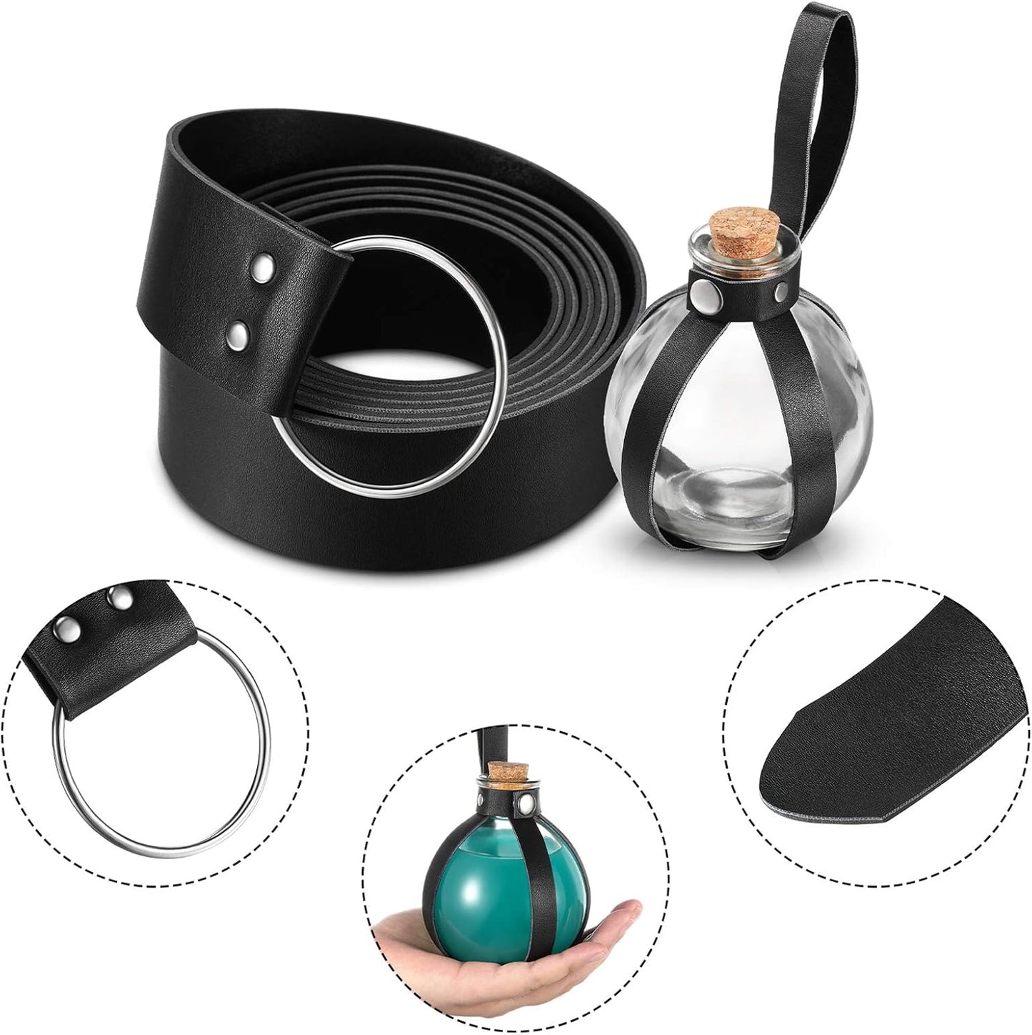 Boao Potion Bottles with Cork Set Dark Magic Cork Round Potion Bottle with Leather Belt Clear Glass Large for Halloween Costume Props DIY Crafts Decorative, 200 ml(Black)