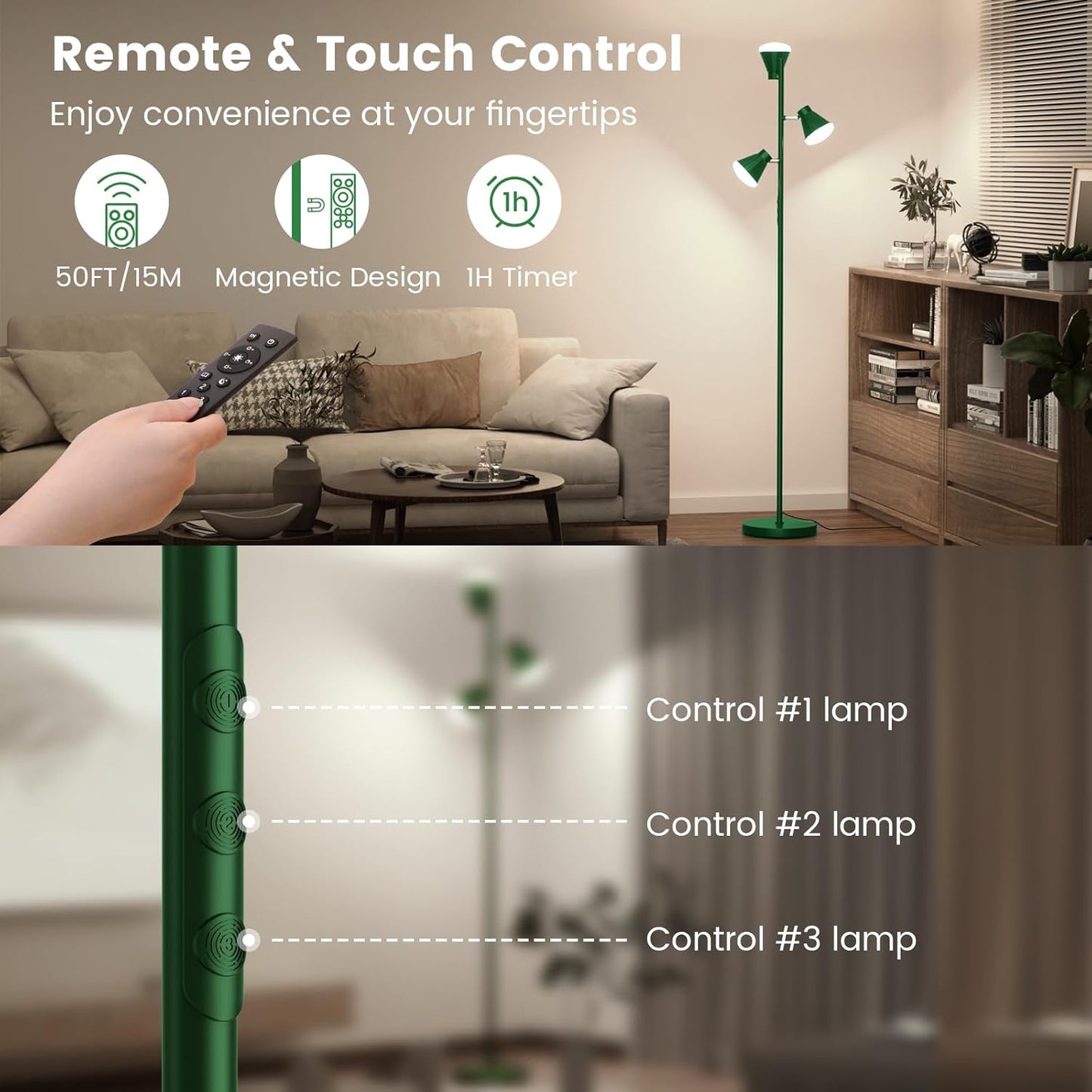 36W LED Tree Floor Lamp, Dimmable Tall Standing Lamp with Remote & Touch Control, 4 Color Temperatures Bright Floor Lamp, 3 Rotatable Light Modern Floor Lamps (Green)