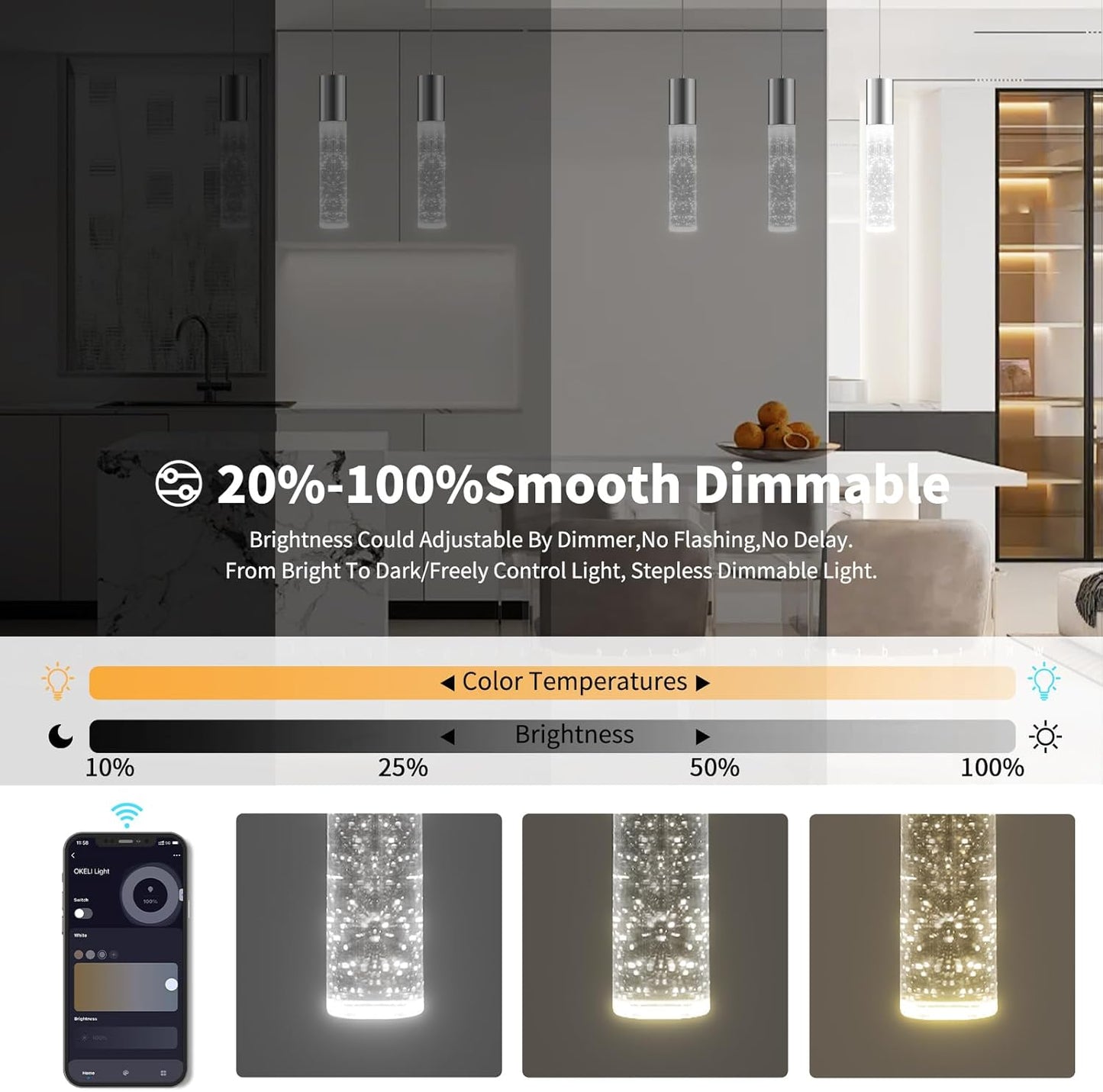 OKELI Smart 3-Light LED Pendant Lighting for Kitchen Island, 18W 1350LM Adjustable 3000K-6000K, Dimmable via TUYA App & Voice Control (Alexa/Google Home), Modern Crystal Bubble Pendant,Chrome Square
