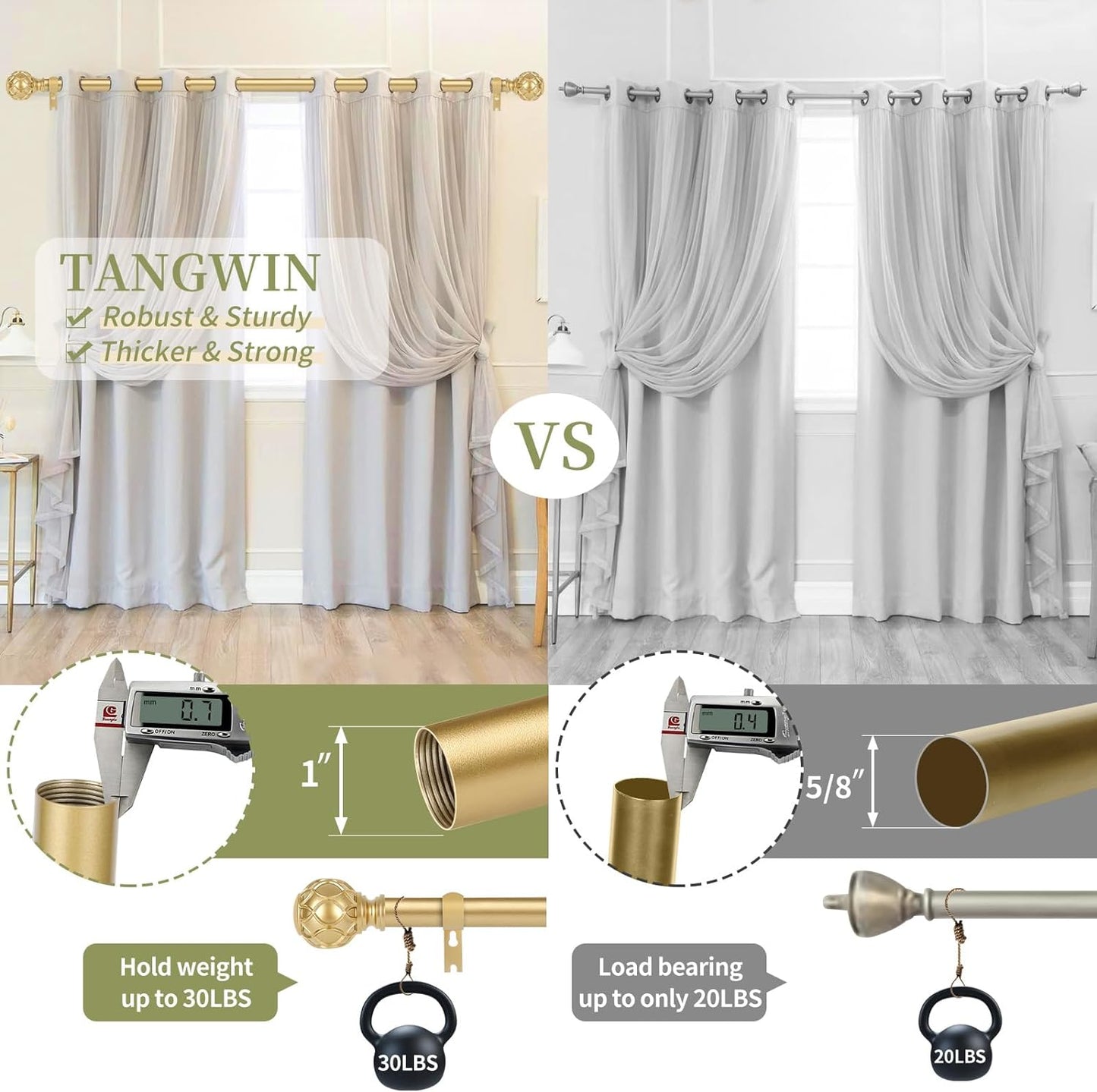 Gold Adjustable Curtain Rods for Windows:Farmhouse Heavy Duty Curtain Rod for Bedroom Living Room,Boho Decorative Rustic Drapery Rod with Vintage Coastal Finials,Brass Gold 2 Pack 66-120"
