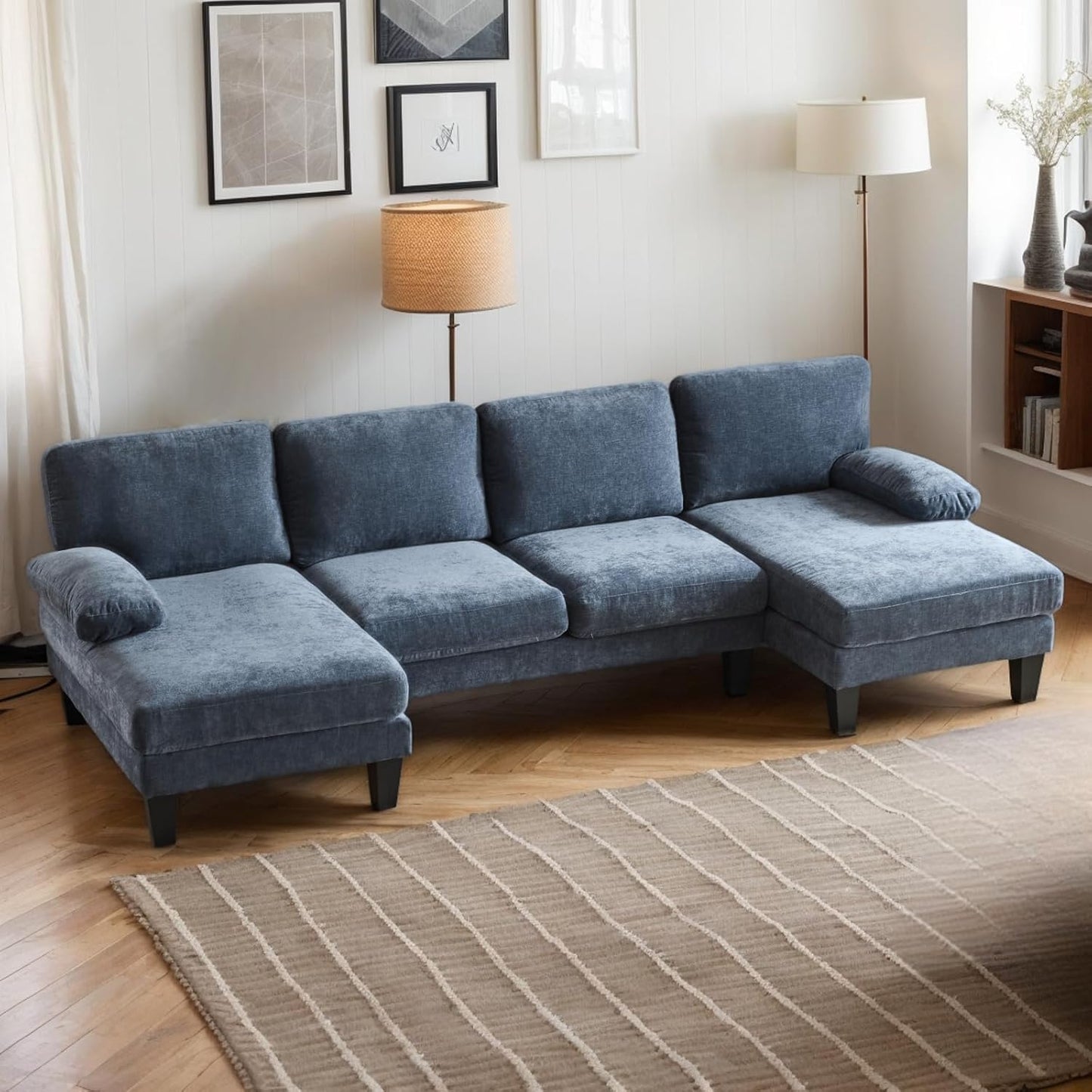 Karl home U-Shape Sectional Sofa Couch 111" Modern 4-Seat Sofa with Chaises Chenille Fabric Upholstered Covertible Couch with Wood Grain Legs for Living Room, Reception Room, Apartment, Navy Blue