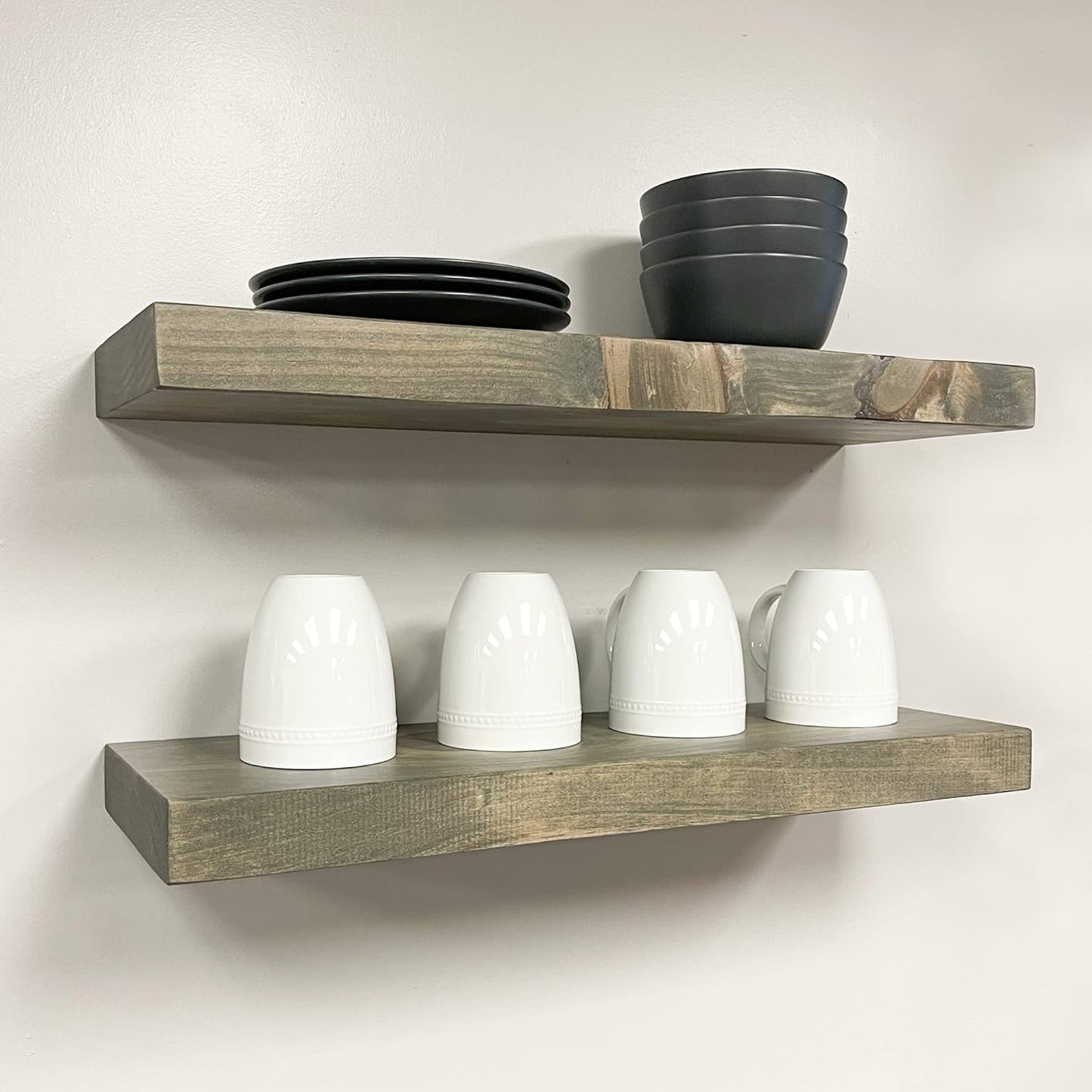 URBANDI, Rustic Floating Shelves, Set of 2, Hidden Bracket, Solid Wood, Heavy Duty, Wall Mounted Shelves, (Grey, 36Wx8D)