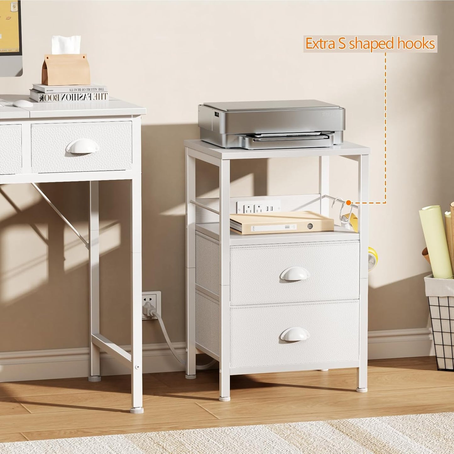 Furologee Nightstands Set of 2, Night Stands with Charging Station, Side Tables with 2 Fabric Drawers, End Tables with Storage Shelves, for Bedroom, White