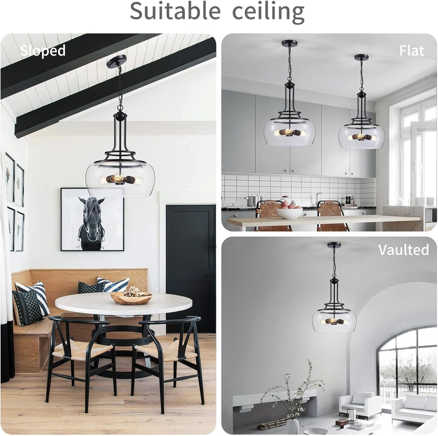 WUZUPS Chandelier Rustic Farmhouse Industrial Round Ceiling Pendant LED Light Fixture Clear Seeded Glass Shade for Dining Room Kitchen Island Foyer Entryway, H 20.9" x W 15.9", Black