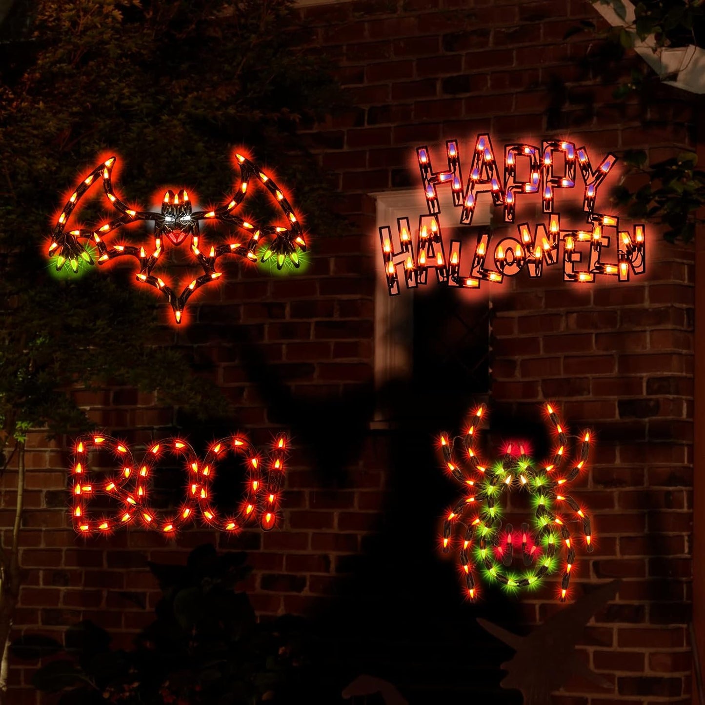 4-Pack Lighted Halloween Window Silhouette Decoration,Hanging Light Up Holiday Ornament( Cobweb,Jack-O-Lantern,Cat,Skull)