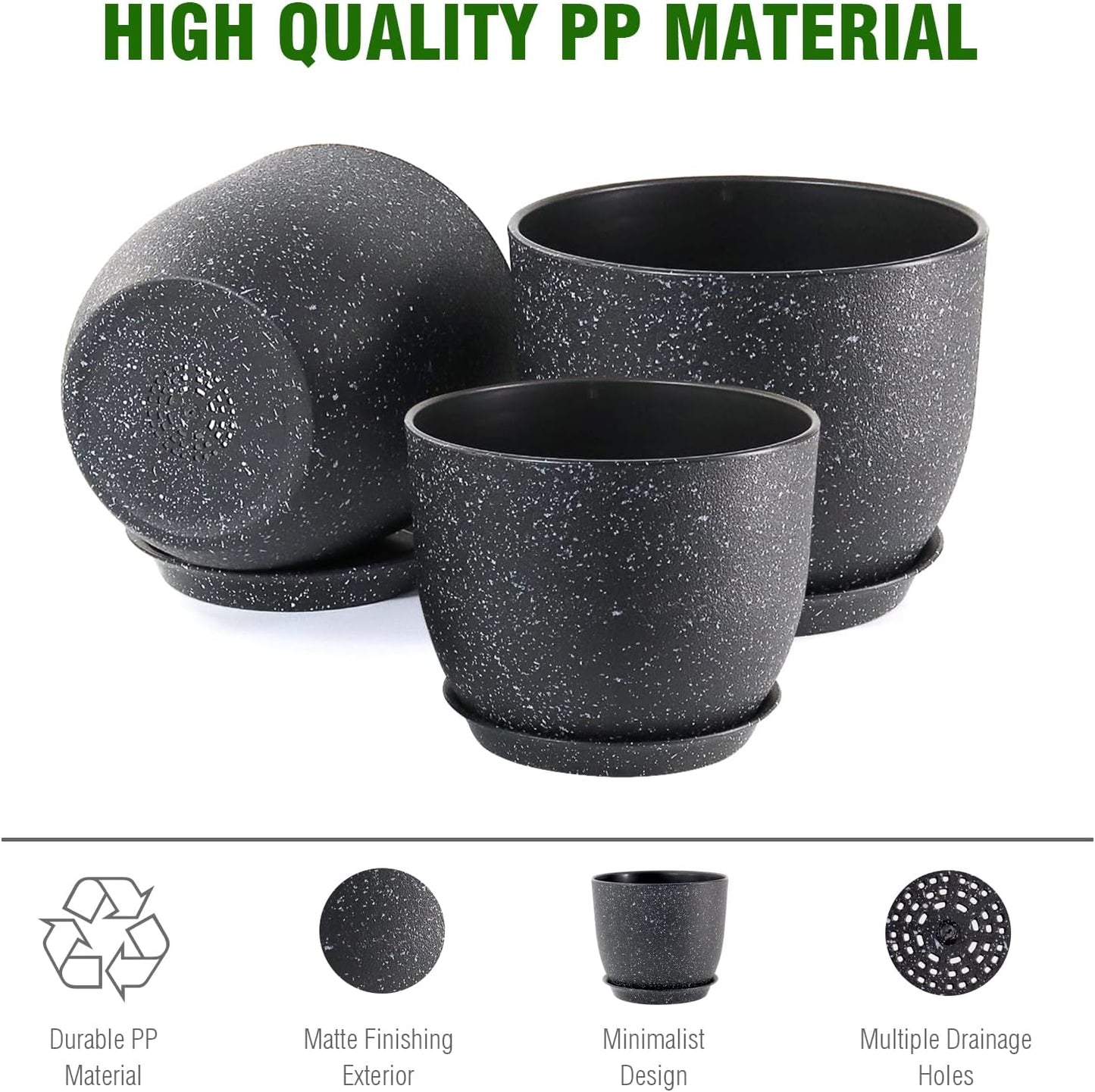 9/8/7.5 inch Plant Pots, Set of 3 Modern Decorative Plastic Planters with Drainage Holes and Saucer for Garden House Plants, Flower Pots for Indoor Outdoor Plants, Speckled Black