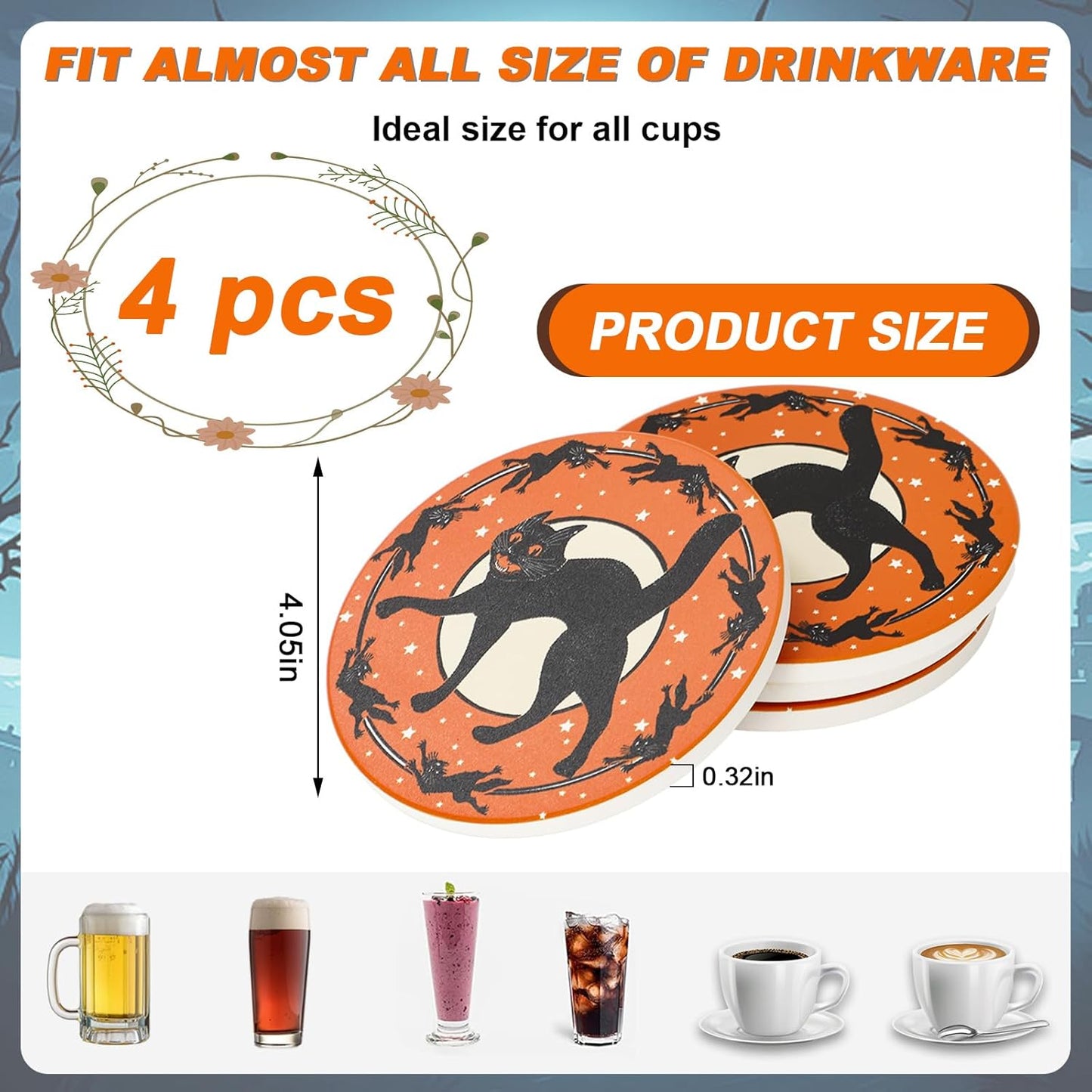 Generic AnyDesign 4Pcs Halloween Coasters Black Cat Ceramic Drink Coasters Vintage Cup Mats for Home Kitchen Table Protection Housewarming Gift