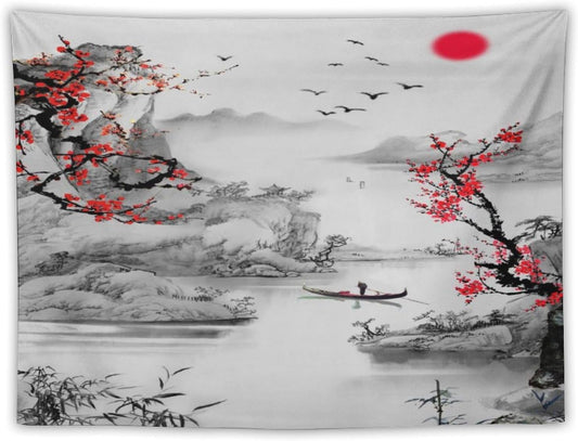 Cherry Blossoms Tapestry,Japanese Red Landscape Watercolor Abstract Art Tapestry,Asian Japanese Wall Tapestry, Nature Landscape Tapestries for Bedroom Living Room Decor 60"x50"