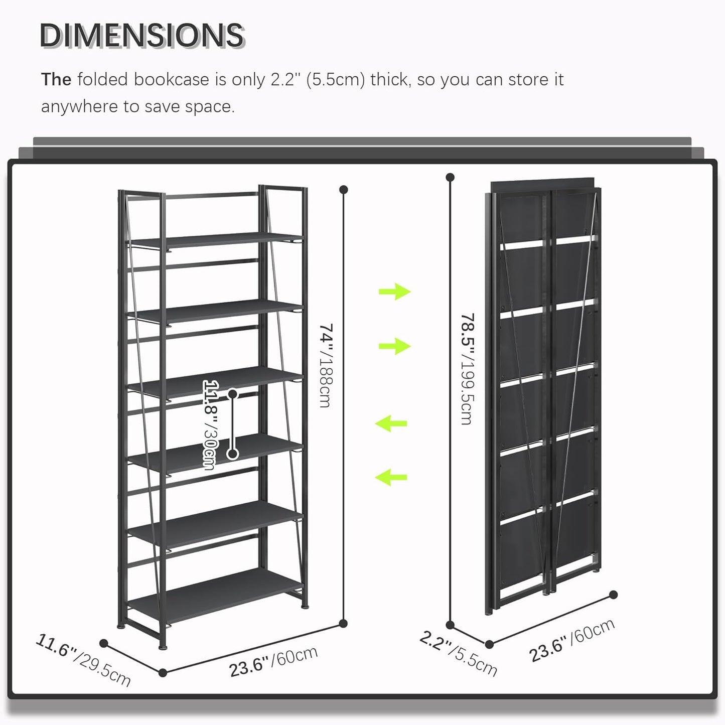 4NM No Assembly Foldable Bookshelf, 6-Shelf Collapsible Bookcase Storage for Small Spaces, 74" H, All Black