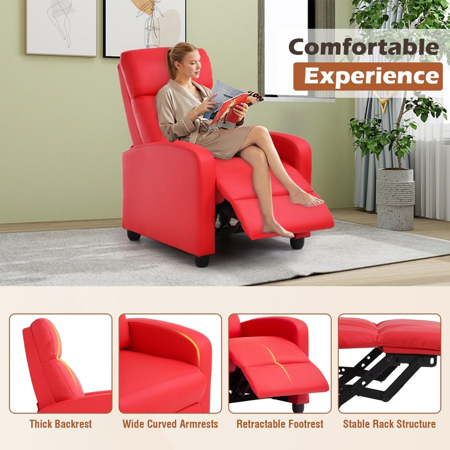 BestMassage | Recliner Chair | No Massage Function | Pu Red | with Lumbar Support, Adjustable Push Back, Wide Armrests, Footrest & Padded Seat | Easy Assembly | for Living Room, Home Theatre
