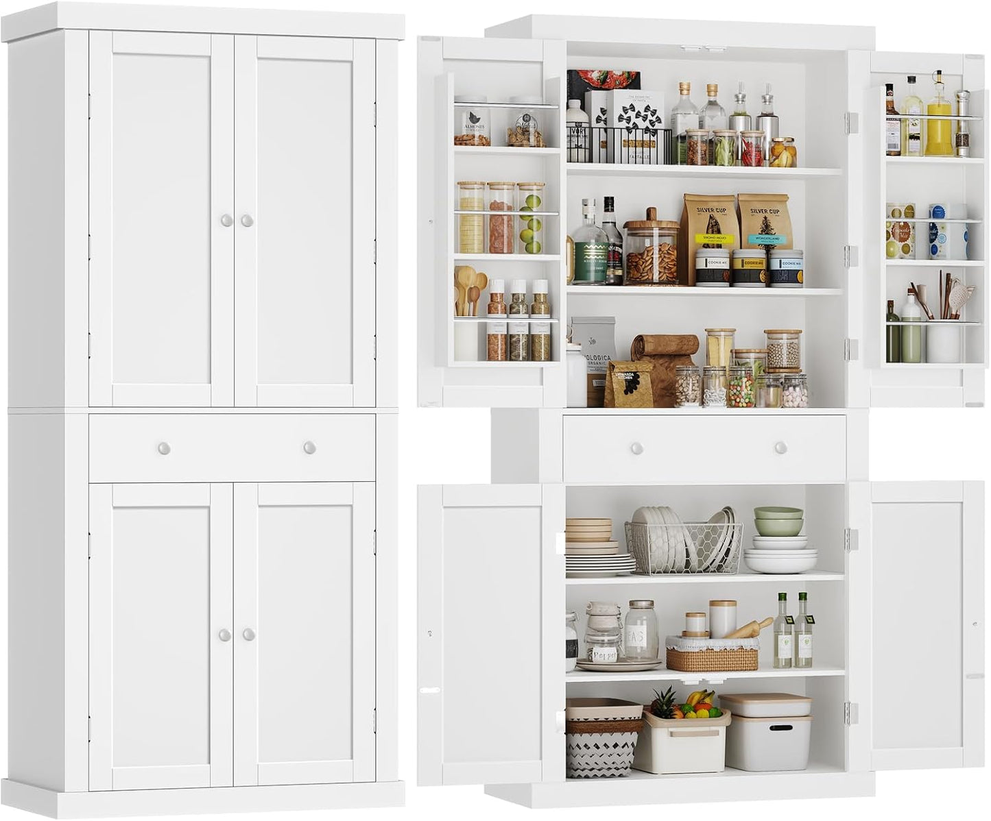 usikey 72” Pantry Cabinet, Tall Kitchen Storage Cabinet with 4 Doors and 1 Drawer, Cupboard with 6 Hanging Shelves and Adjustable Shelves for Kitchen, Dining Room, Living Room, White