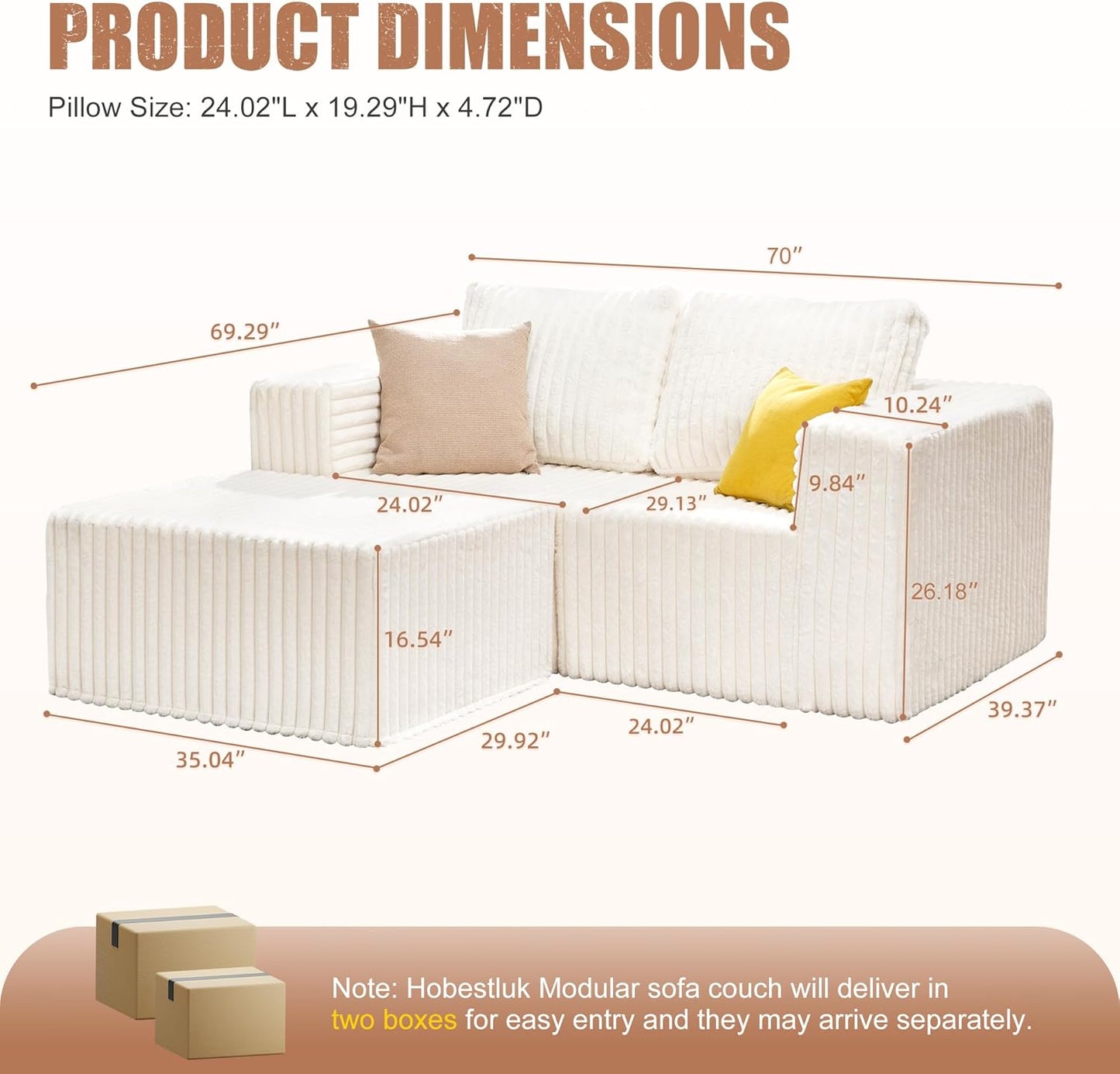 Hobestluk Modular Sectional Sofa Memory Foam Couch L Shape Sofa for Living Room Loveseat with Chaise Lounge Cloud Couch with Removable Cover (Stripe White, Loveseat with Chaise)