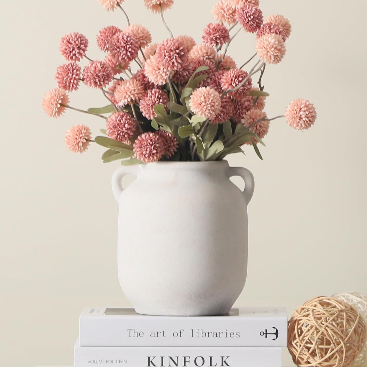 Ceramic Flower Vase Home Decor - 7.6 Inch Farmhouse Rustic White Table Vases with Handle Living Room Decoration Decorative Vintage Pottery for Kitchen Shelf Coffee Dining Desk Bookshelf Fireplace