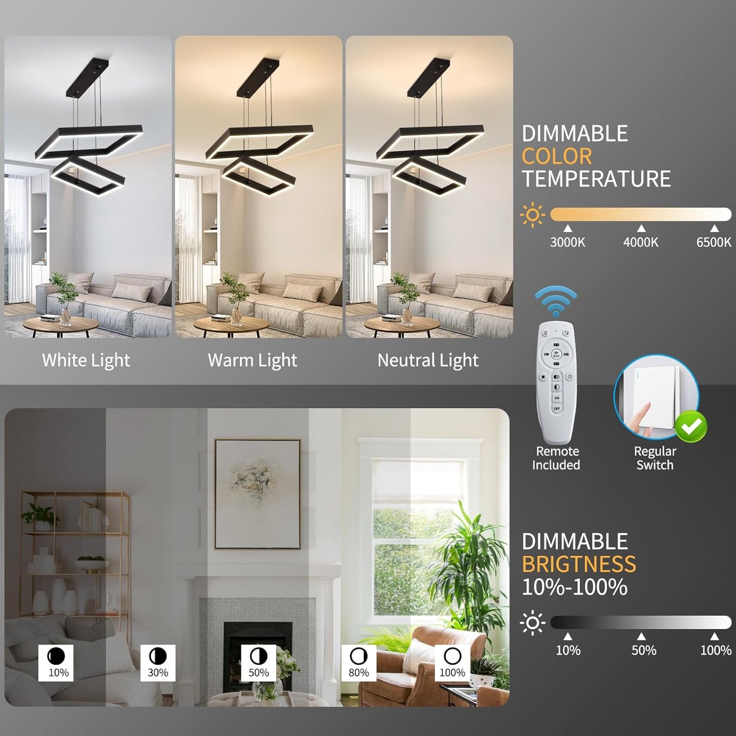 Modern Led Rectangle Chandelier for Dining Room, Dimmable Black Modern Chandelier with Remote, Adjustable Foyer Lighting Fixture