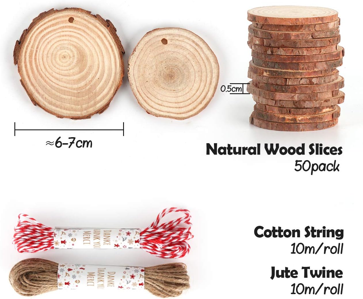 50Pcs Wood Slices 2.4"-2.8" Unfinished Wood Rounds with Pre-drilled Hole and 66Feet Twine String, Natural Wood for Crafts for Home Decor Painting DIY Christmas Ornaments Party Wedding Decor