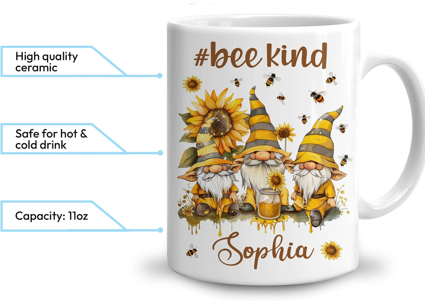 Hyturtle Personalized Bee Gnomes Mug - Bee Keeper Gifts For Women - Honeybee Gifts For Gnomes Lover - Animals Present For Lover - Teacher Appreciation Present - Custom Coffee Cup Ceramic Mug 11 15 Oz