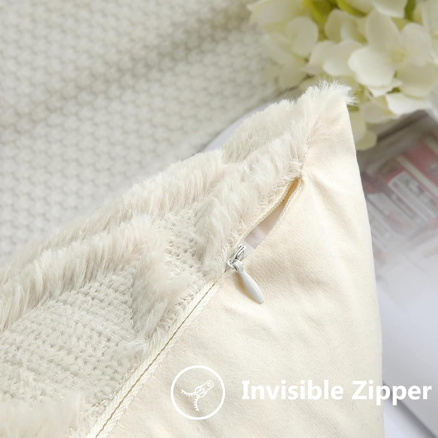 decorUhome Fall Throw Pillow Covers 16x16 Inch Set of 2, Soft Plush Decorative Faux Fur Beige Solid Couch Pillow Covers, Accent Farmhouse Neutral Square Euro Pillow Cases for Sofa Bed Living Room