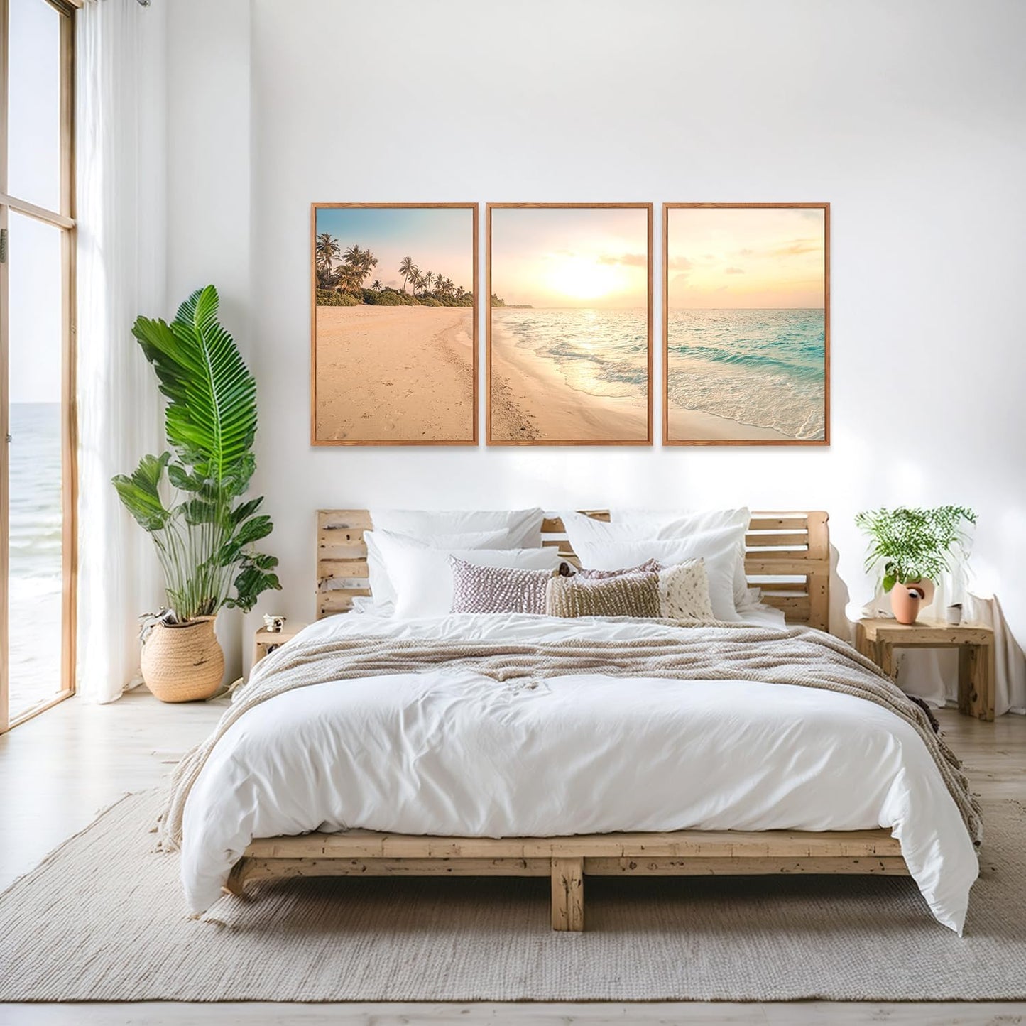 Aurlan Tropical Beach Sunset Framed Wall Art(16"x24"), 3PCS Coastal Ocean Island Canvas Artwork, Vintage Seascape Landscape Scenery Decor Prints for Office Home