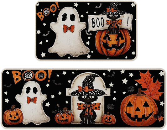 Halloween Kitchen Mat Set of 2, Pumpkin Ghosts Boo Cat Halloween Decor, Halloween Rug for Floor, Indoor Home Decor with Non-Slip Backing,17 x 29 Inch & 17 x 47 Inch