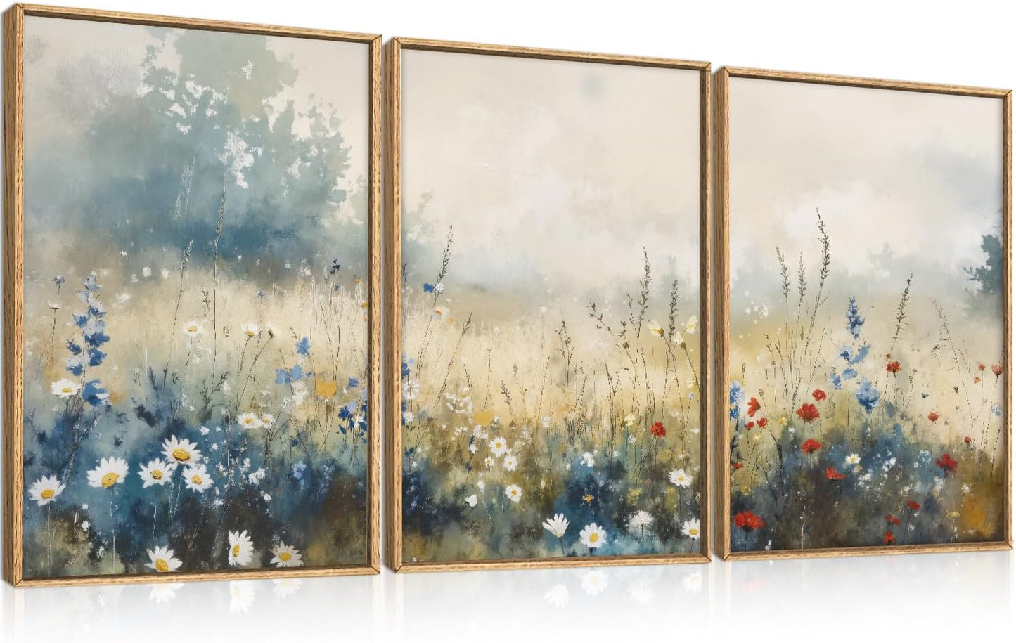 Celestdeco Nature Wildflower Framed Canvas Wall Art Set, Pastoral Landscape Wall Decor, Colorful Meadow Wall Painting, Rustic Floral Art Print for Living Room, Bedroom, Office - 24"X36"X3