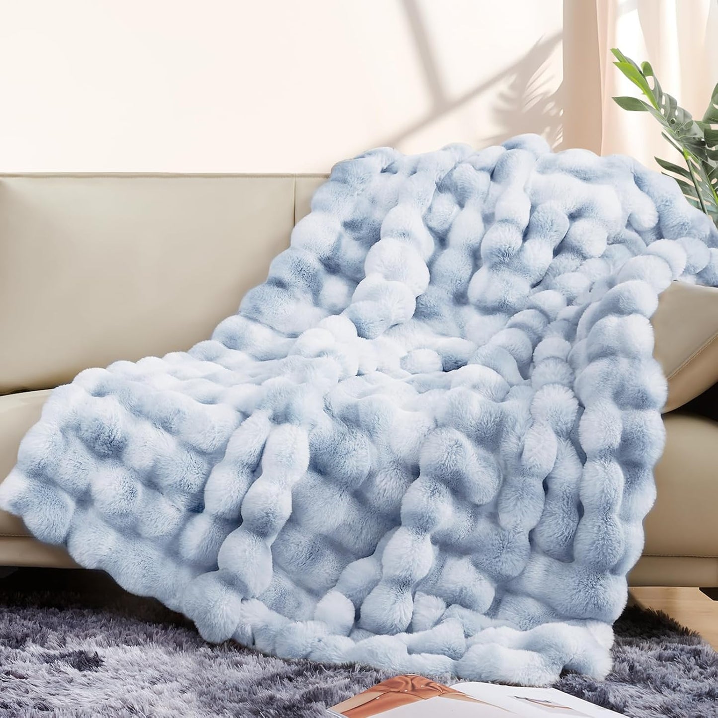 Touchat Luxury 1000GSM Faux Rabbit Fur Throw Blanket, Super Heavy Warm Cozy Grey Blankets for Couch Bed Sofa, Ruched Plush Fuzzy Elegant Soft Reversible Mink Blanket for Living Room Bedroom, Blue