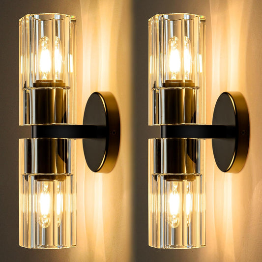 Black Crystal Wall Sconces Set of Two, Wall Sconce Set of 2, Black Sconces Wall Lighting with K9 Crystal Lampshade, Wall Lights for Bedroom Living Room Bathroom Hallway
