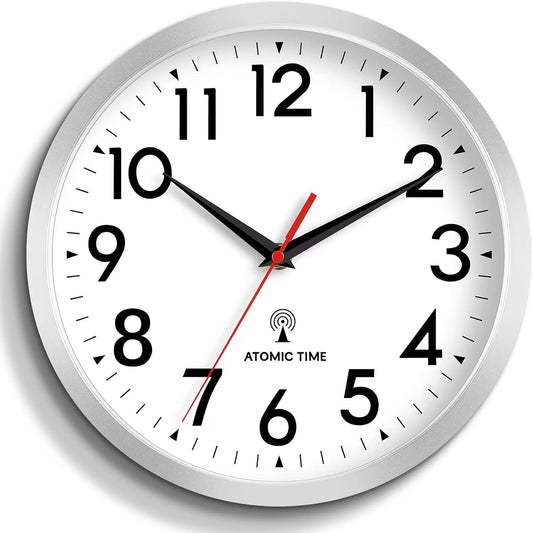Atomic Wall Clock Analog 12 Inch Battery Operated Modern Decorative for Living Room Kitchen Office Bedroom Bathroom(Silver)