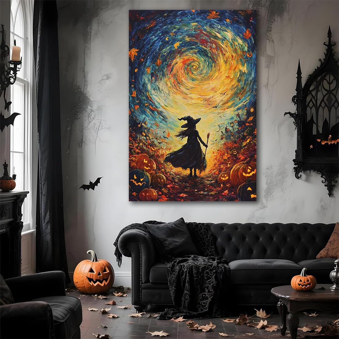 Halloween Autumn Witchy Decor Wall Art Prints,Gothic Witch in Whirlwind Autumn with Pumpkins Scene Pictures Poster,Fall Festival Home Decor Painting Canvas Poster for Bedroom Bathroom,16"x24" Framed