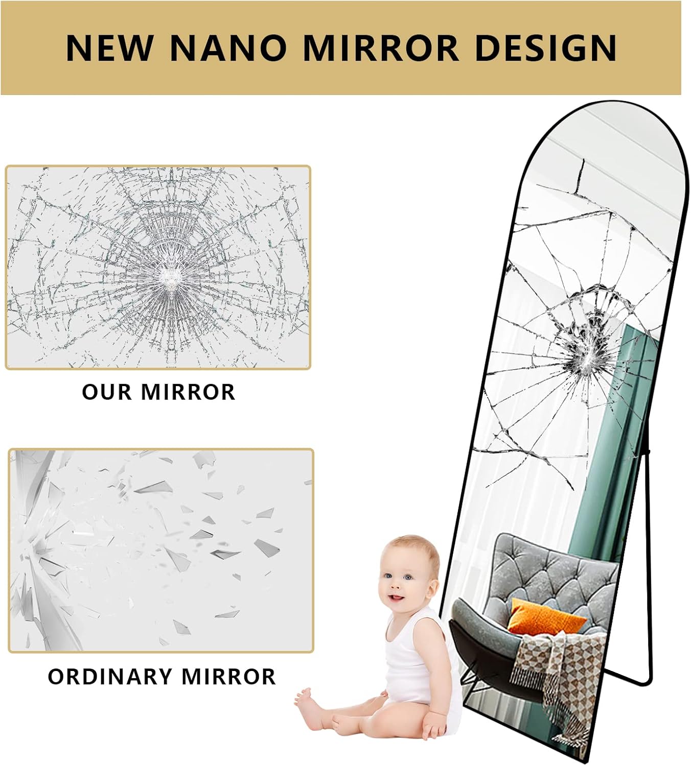 BEAUTYPEAK 64"x21" Arch Full Length Mirror, Hanging or Leaning Arched-Top Full Body Mirror with Stand for Bedroom, Dressing Room, Black