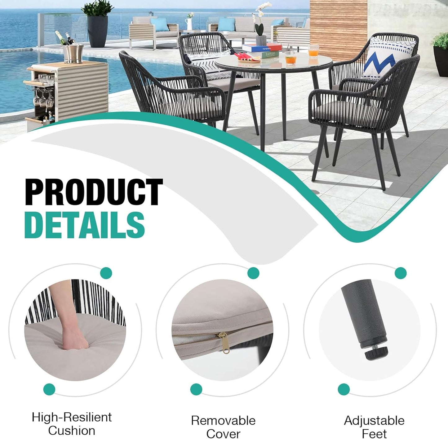 Patiorama Outdoor Dining Chairs, Patio Dining Chair Set of 2, All-Weather Woven Rope Rattan Chairs, Outdoor Dining Wicker Chairs with Armrests for Indoor Balcony Pool Backyard(Black)