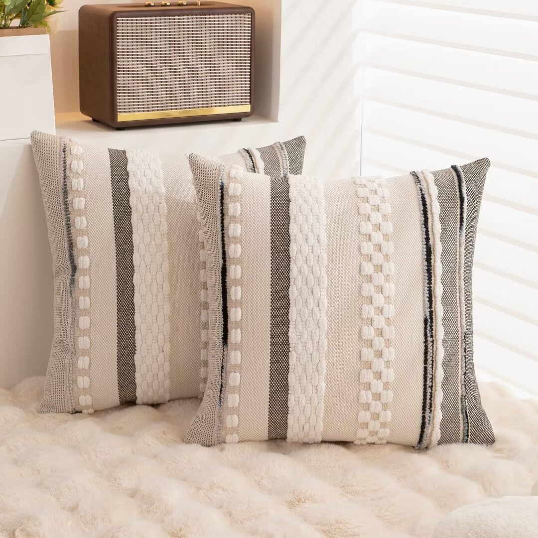 Boho Throw Pillow Covers 18x18 Set of 2 Farmhouse Decorative Cushion Case Striped Square Pillows Cover Chenille Pillow Cases Accent Neutral Pillowcase for Sofa Couch Bed,White