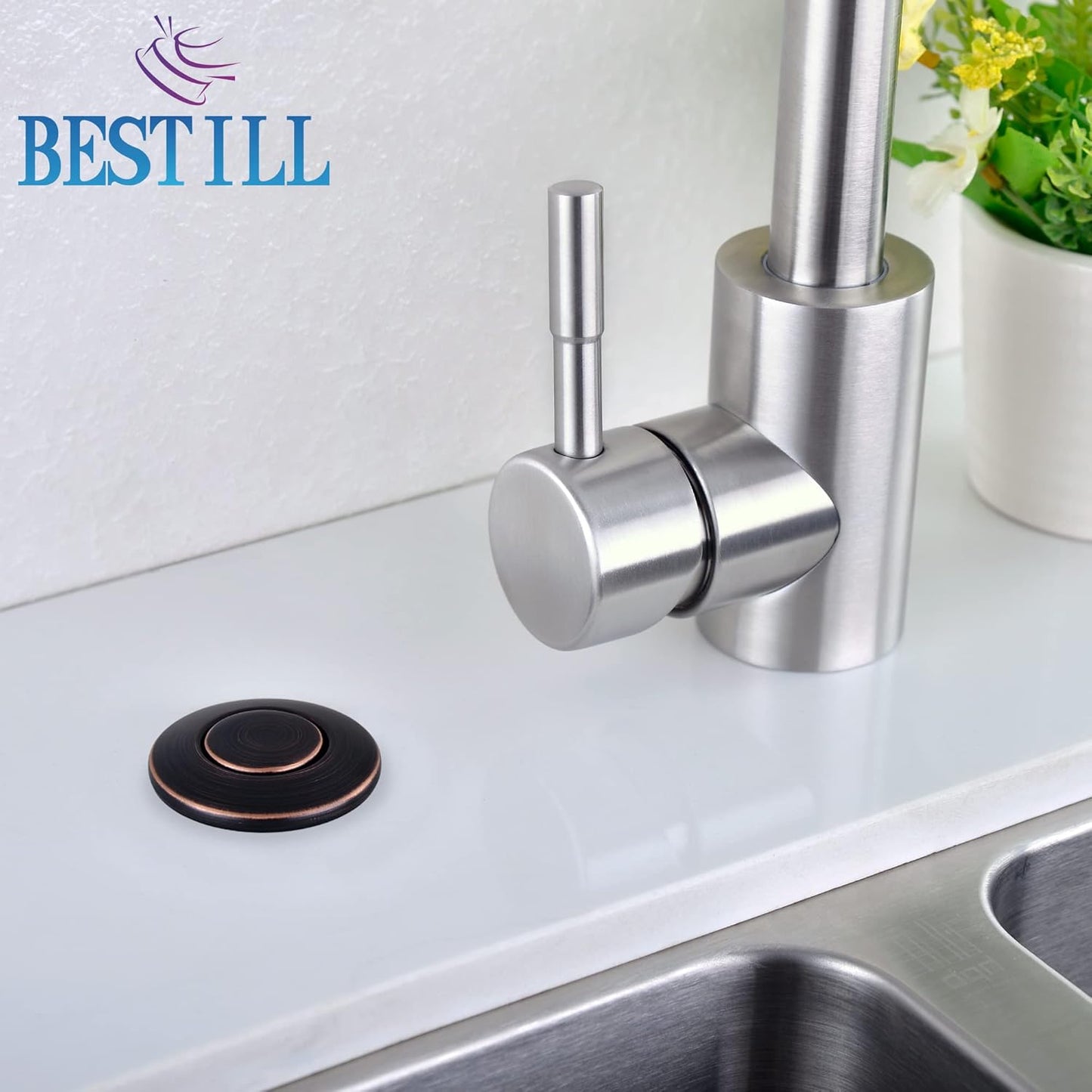BESTILL Garbage Disposal Air Switch Kit-UL Listed, Cordless Sink Top Switch Button for Waste Disposer, 3.6" Long Push Button with Brass Cover, Oil Rubbed Bronze, Compatible with all Garbage Disposals