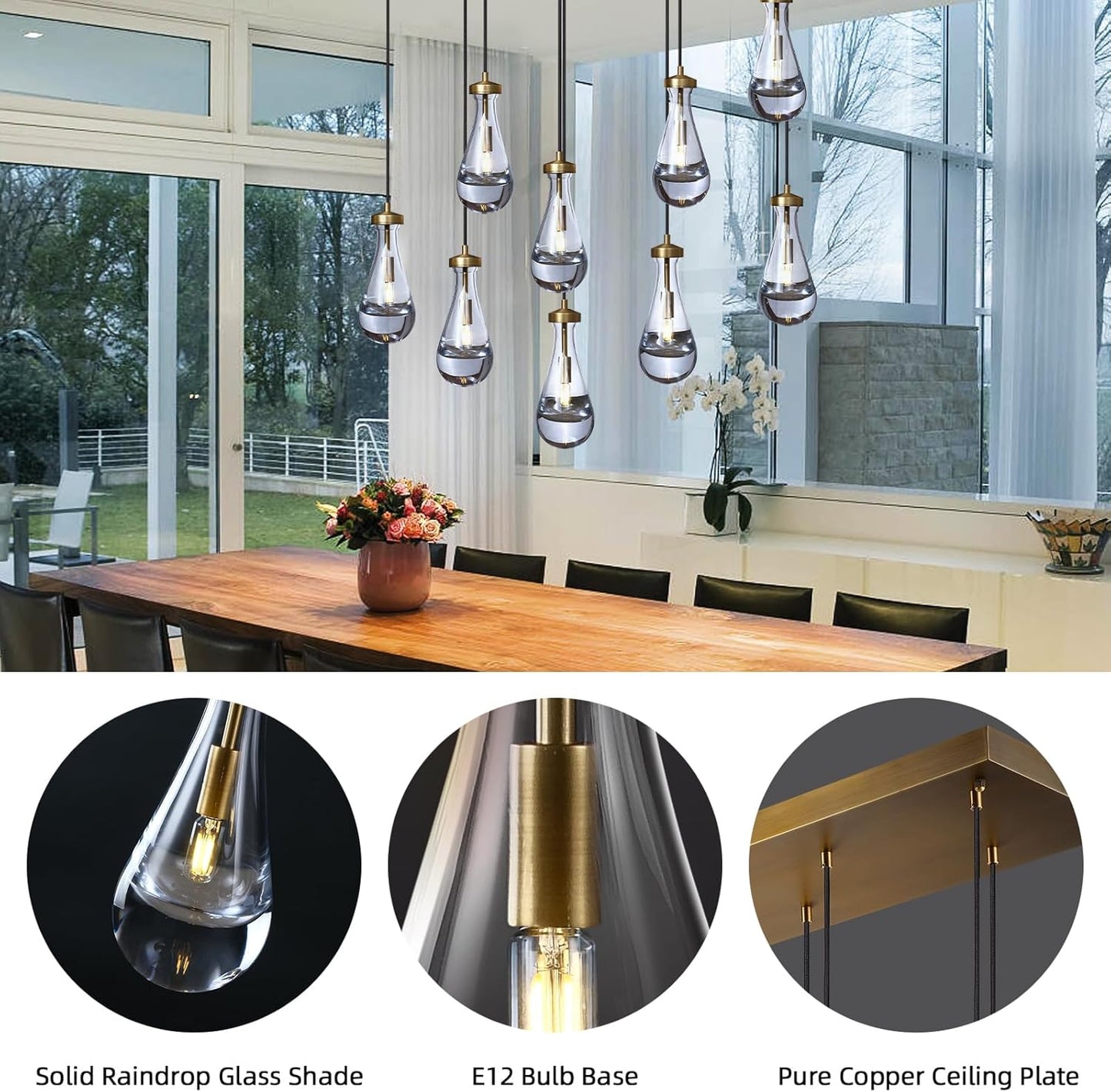 Raindrop 9-Light Chandeliers for Dining Room Gold Dining Room Lights Fixture Over Table, Brass Pendant Lights Kitchen Island, Adjustable Rope Teardrop Hanging Lamp Ceiling for Living Room