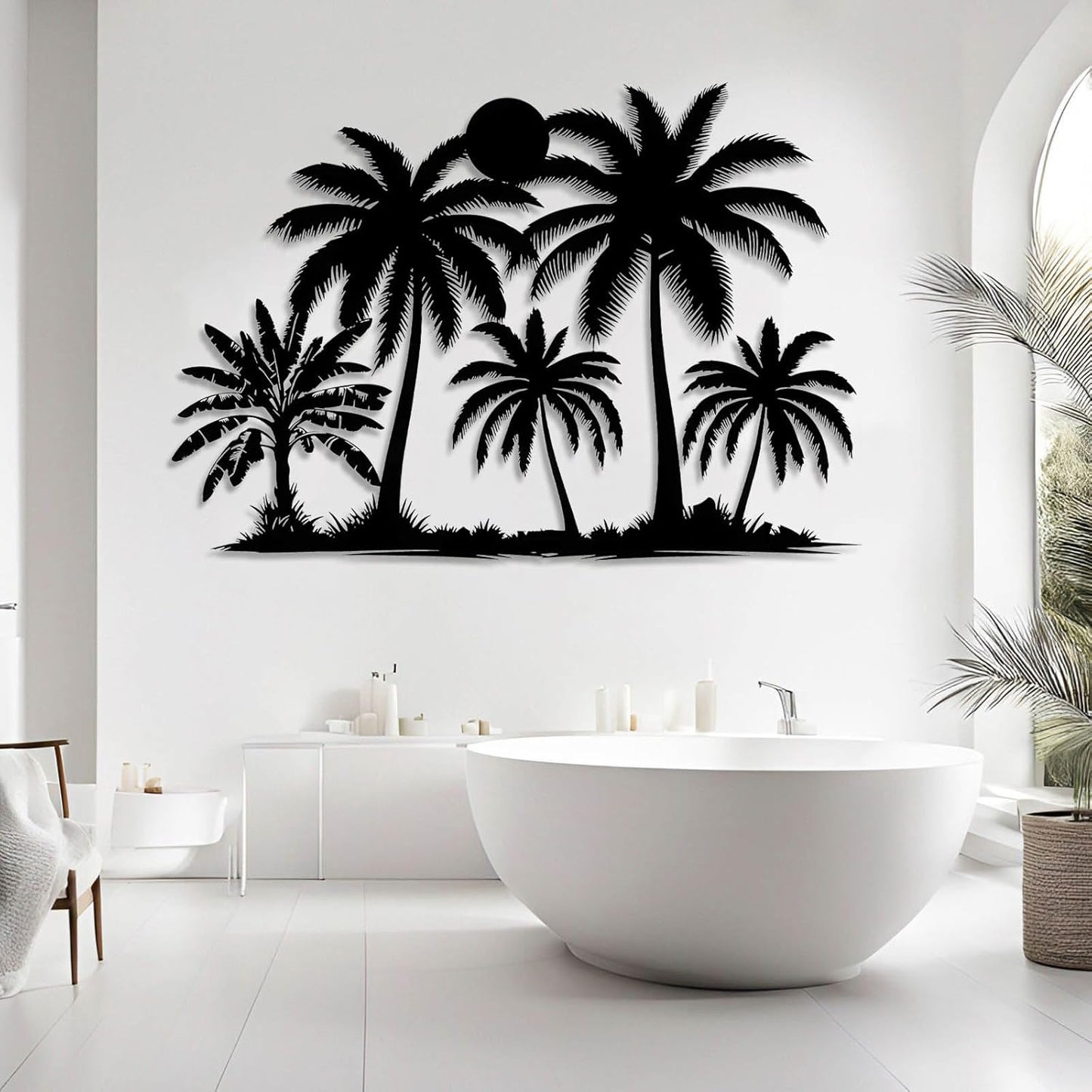 Tuglona Metal Palm Tree with Sunset Wall Decor, Tropical Palm Tree Metal Wall Art, Tropical Wall Decor, Sun Wall Art, Beach Wall Decoration, Coastal Trees Wall Hanging (Silver, 30"x21"/76x53cm)