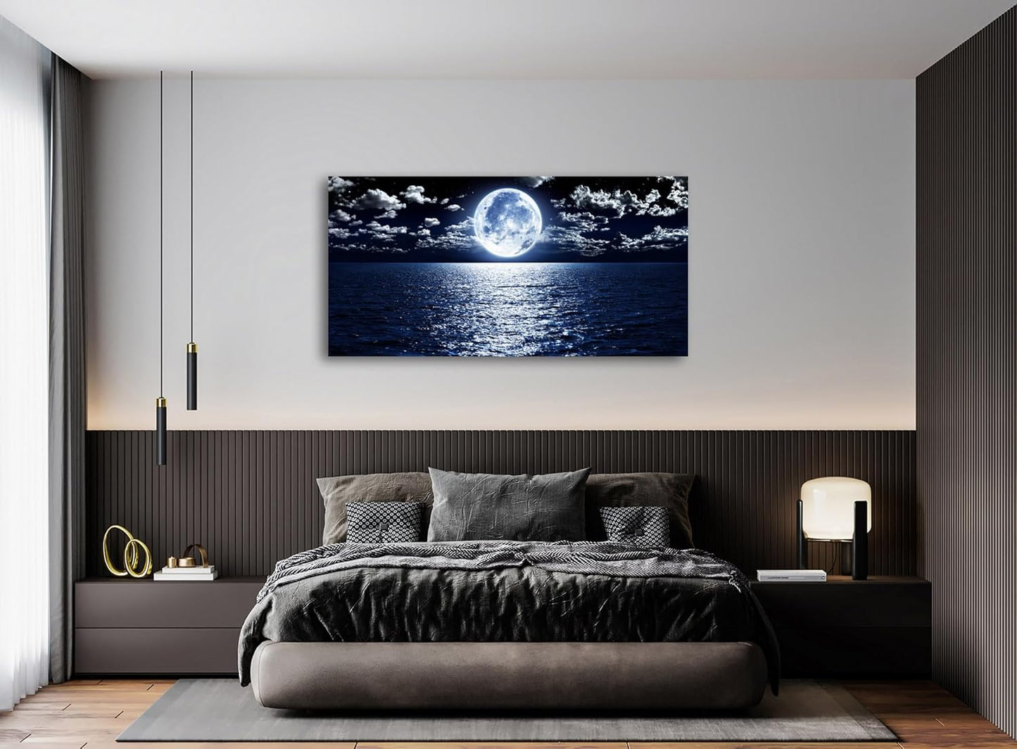 Cao Gen Decor Art S06950 Wall Art Canvas Prints Moon Sea Ocean Landscape 1 Panels Full Moon in Cloud Pictures Paintings Stretched and Framed for Living Room Bedroom Kicthen Office Artwork 20x40inch