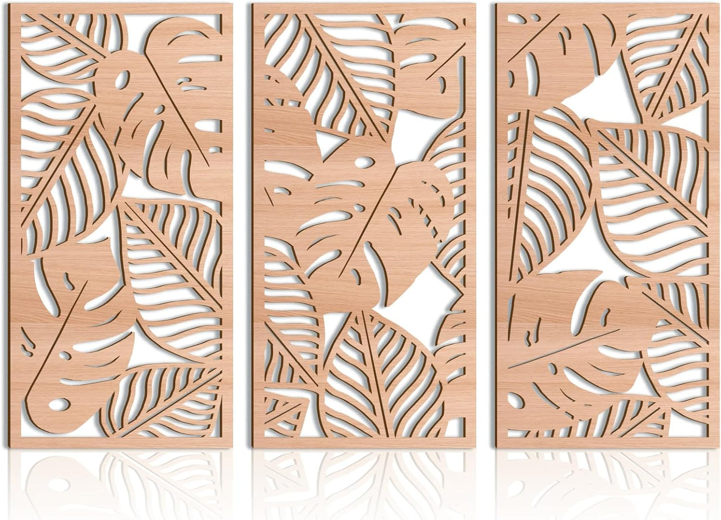 IARTTOP Leaf Wood Tropical Wall Art 15.9X32 Inch Carved Palm Leaves Wall Decor Coastal Monstera Plant Wall Sculptures for Living room Bedroom Set of 3