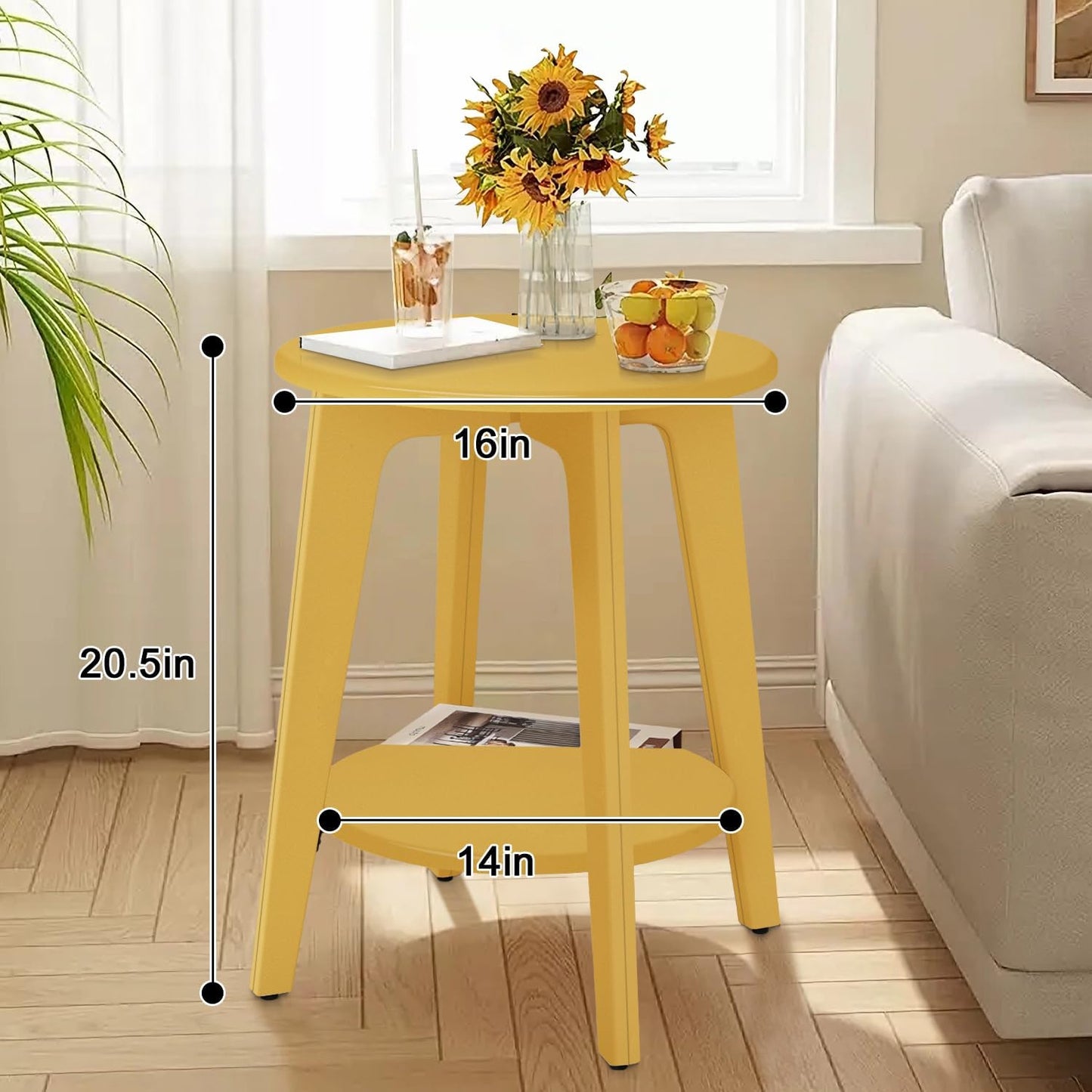 Round Side Table Gold Wooden End Table with Lower Shelf Rustic Vintage Nightstand Beside Table for Living Room Bedroom Small Spaces