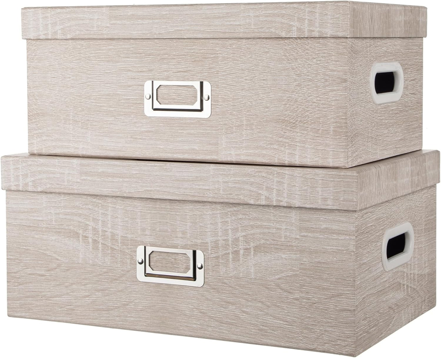 Briful Set of 2 Rustic Wood Grain Storage Boxes with Lids – Stackable Rectangular Organizer Bins, 14'' + 13'' Set Decorative Storage Containers for Bedroom, Living Room, Gifts