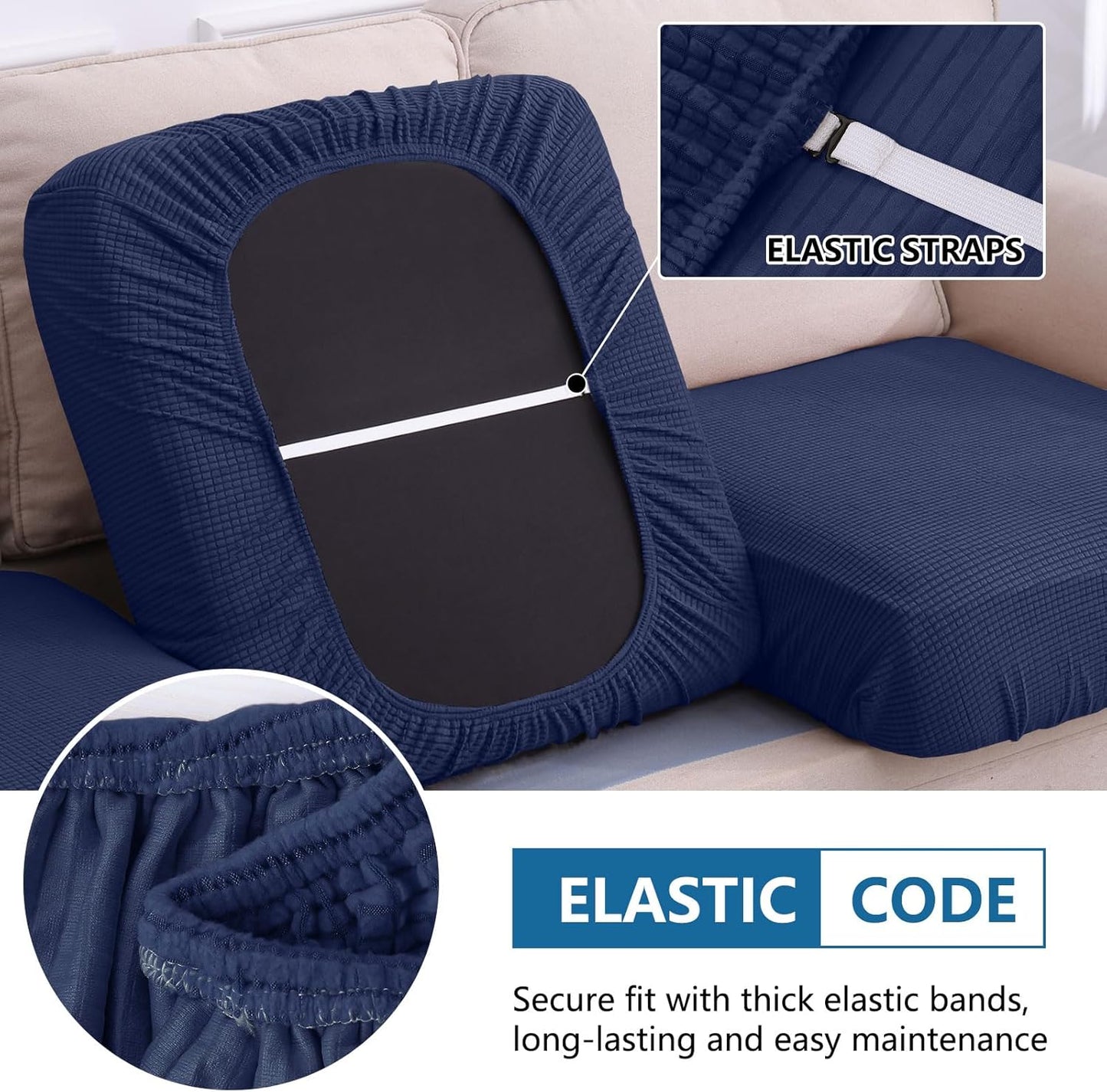 hyha Waterproof Couch Cushion Covers for Pets, Non Slip Sofa Seat Cover for Dogs Washable, Soft Thick Stretch Jacquard Fabric, Sofa Slipcovers with Elastic Bottom (1 Piece for Large, Navy)