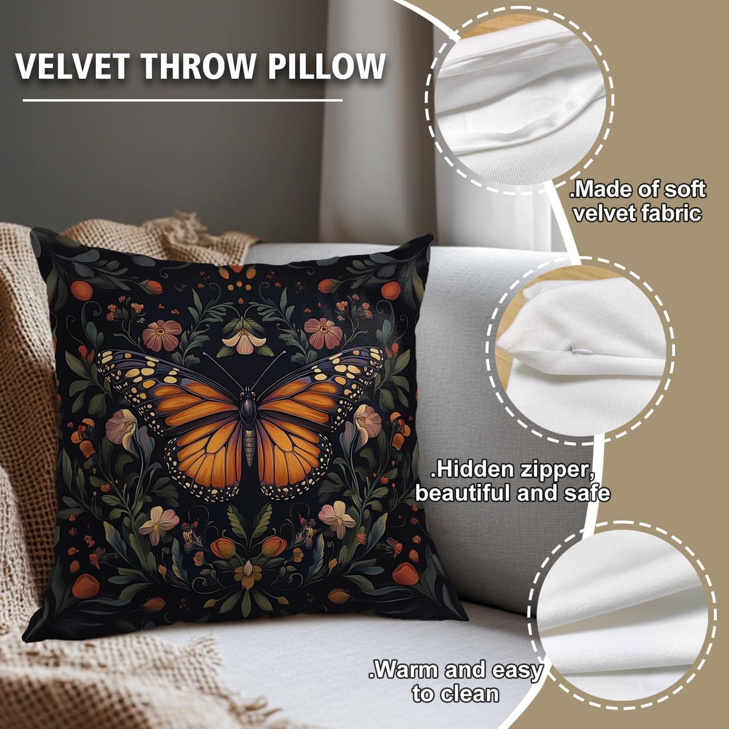 William Morris Abstract Vintage Floral Velvet Butterfly Design Throw Pillow Covers Home Decor, Retro Art Deco Pillowcase Cushion Cover for Bed Sofa Living Room, Square 18x18inch (Black-Butterfly)