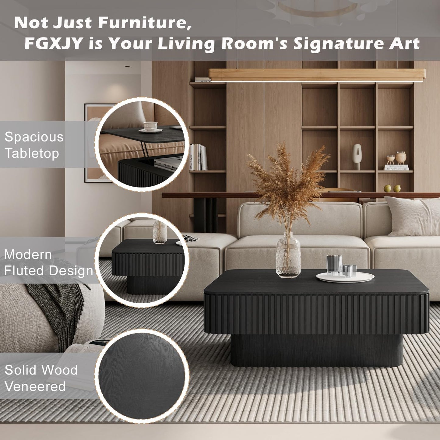 Lift Top Coffee Table with Storage, Solid Wood Coffee Table with Adjustable Height, Fluted Center Table Accent Tea Table for Living Room, Apartment, Office (38.6" Black)