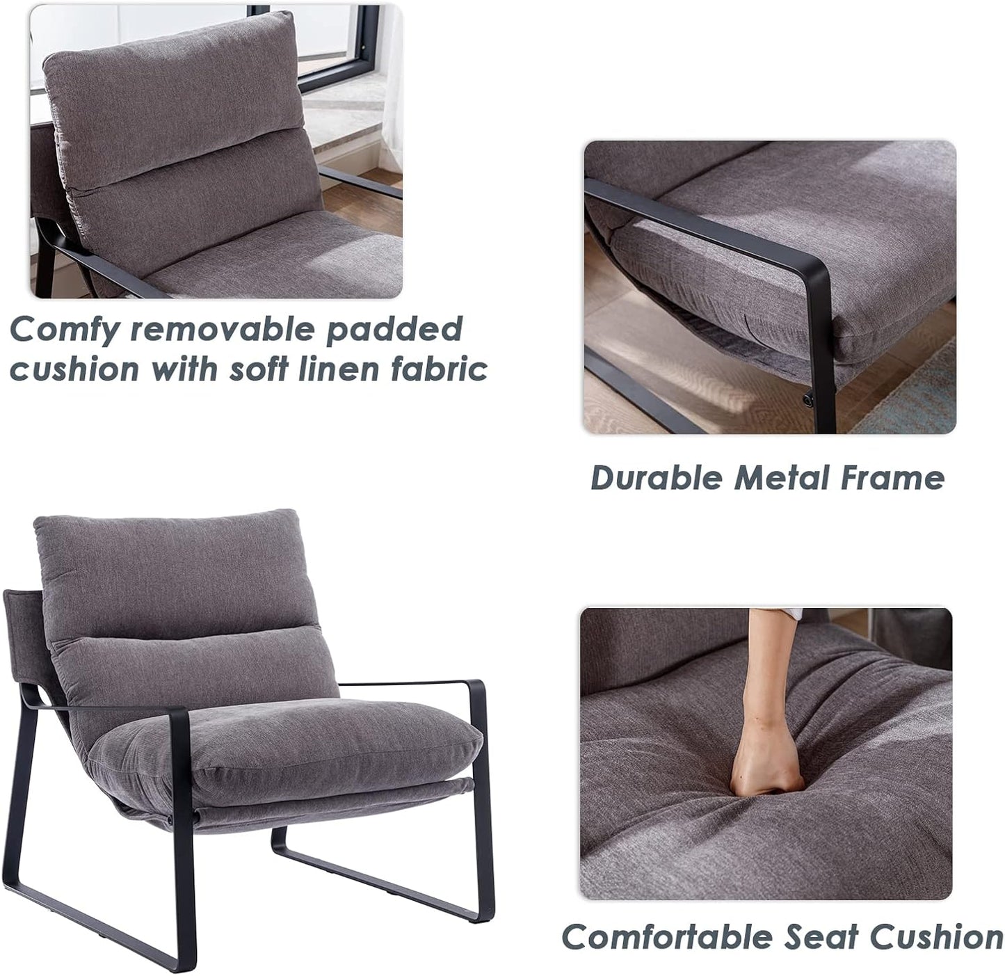 DUOMAY Modern Accent Arm Chair Set of 2, Comfy Linen Lounge Lazy Chair with Metal Leg, Mid-Century Corner Chair for Living Room Bedroom Office Apartment, Grey