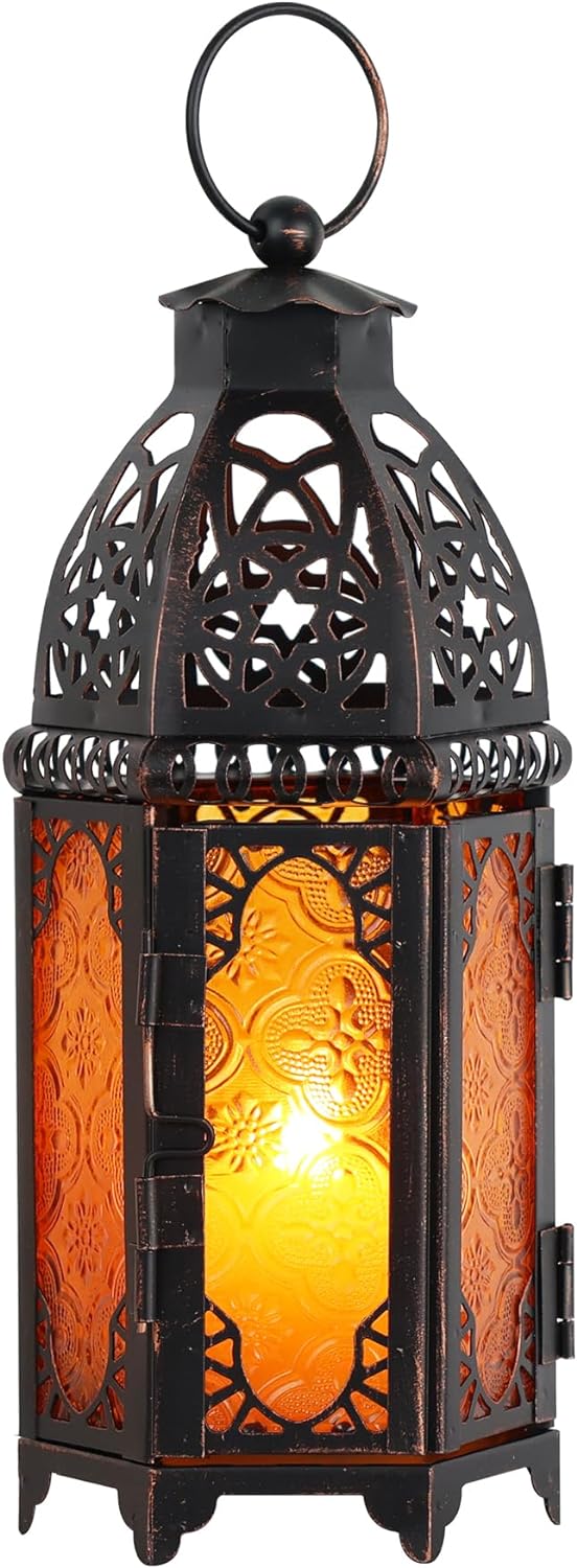NEEDOMO 11'' Moroccan Lanterns Decorative Indoor & Outdoor, Vintage Christmas Candle Holder, Metal Lanterns Decorative, Table, Patio, Porch, Shelf, Christmas Spring Halloween Home Decor (Amber)